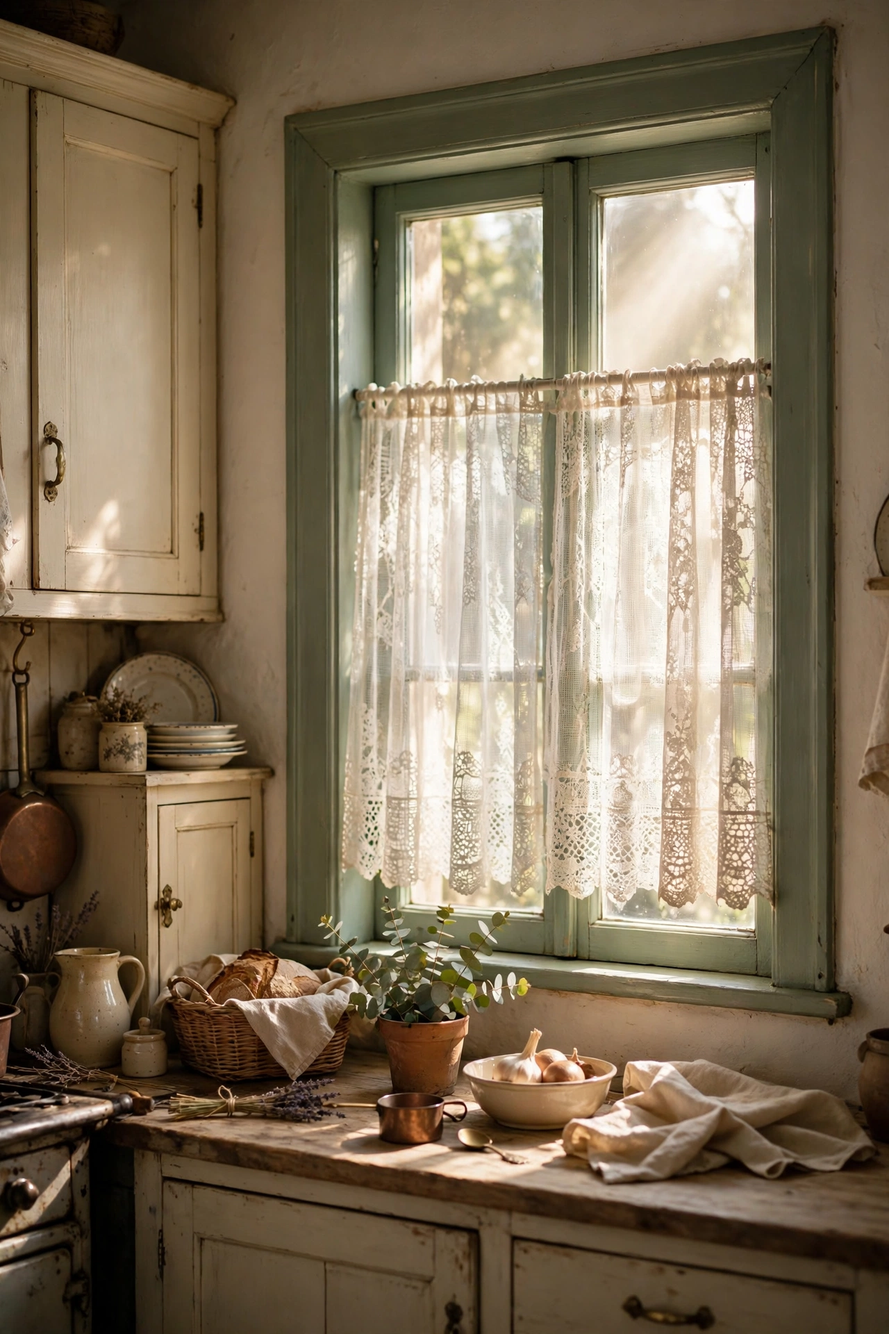 Sage green kitchen window frame with lace cafe curtains and morning light
