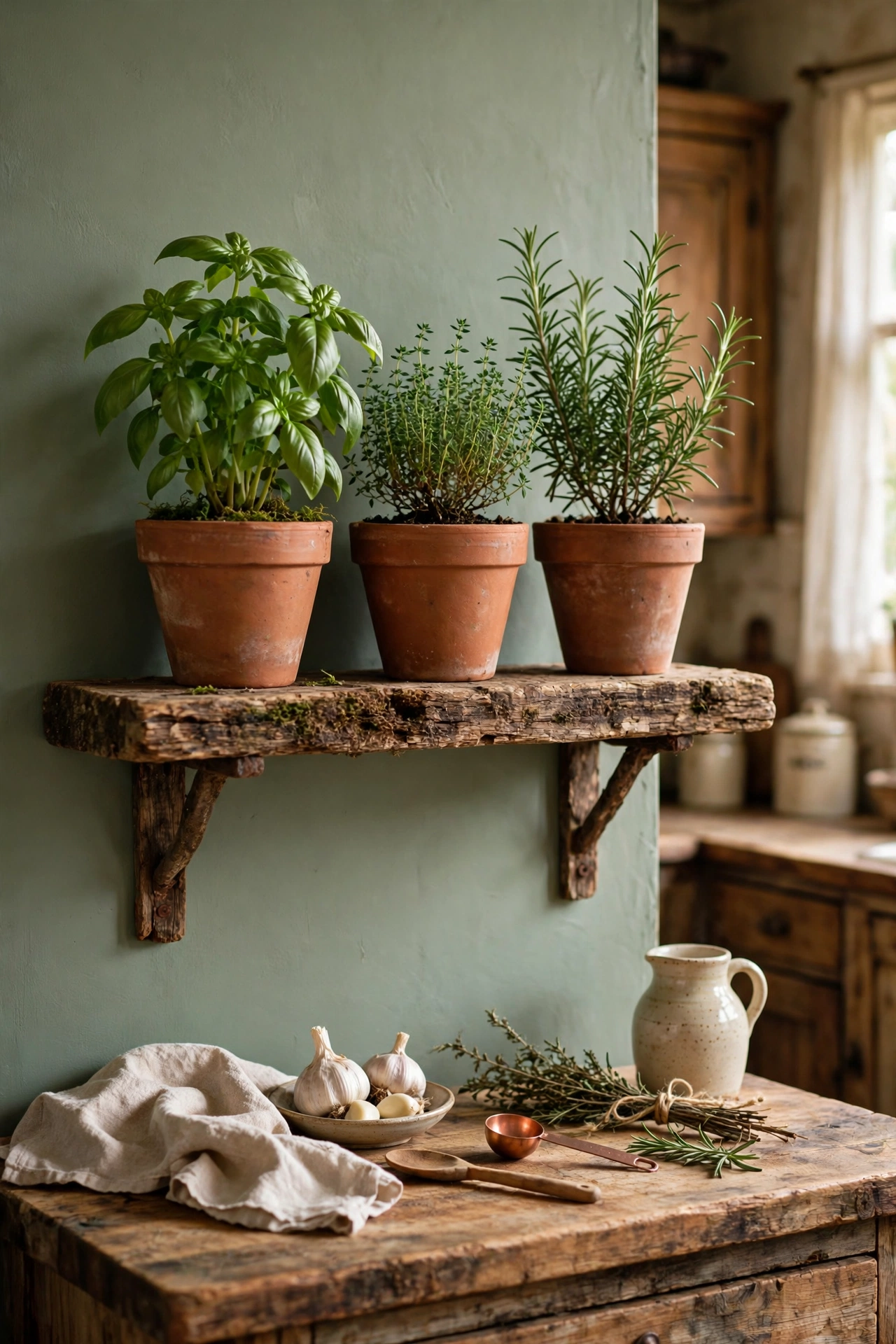 Terracotta herb pots of basil and thyme on a reclaimed wood kitchen shelf