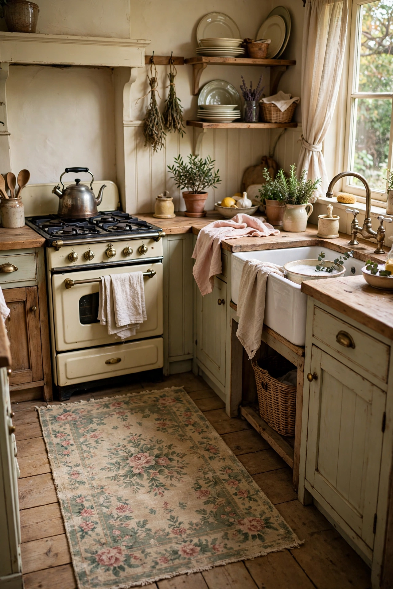 Faded floral runner rug with sage tones in a cottage kitchen