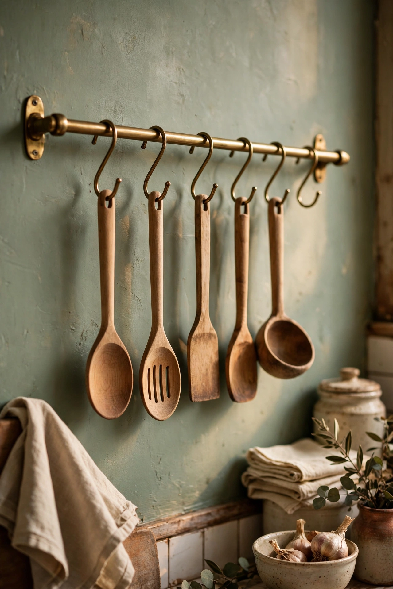 Brass wall rail with hanging wooden utensils in a sage green kitchen