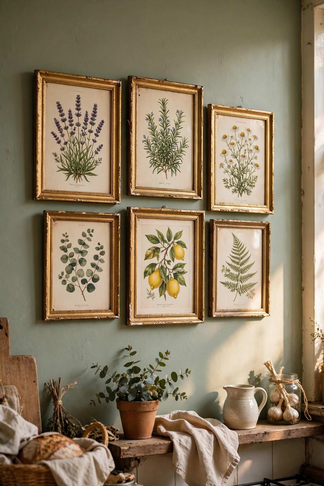 Vintage botanical prints in gold-painted thrift frames on a kitchen wall