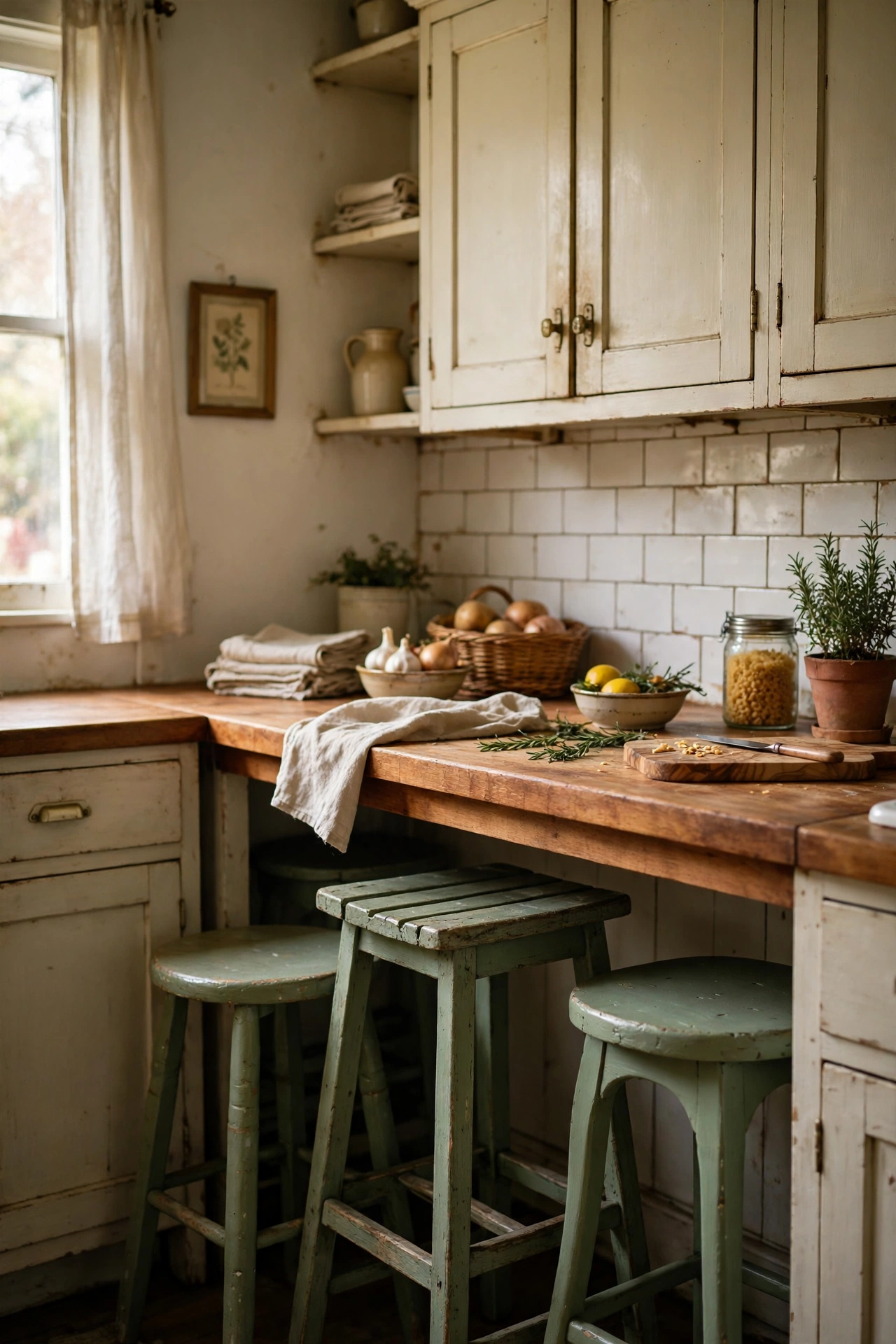 Mismatched wooden stools painted sage green tucked under a kitchen counter