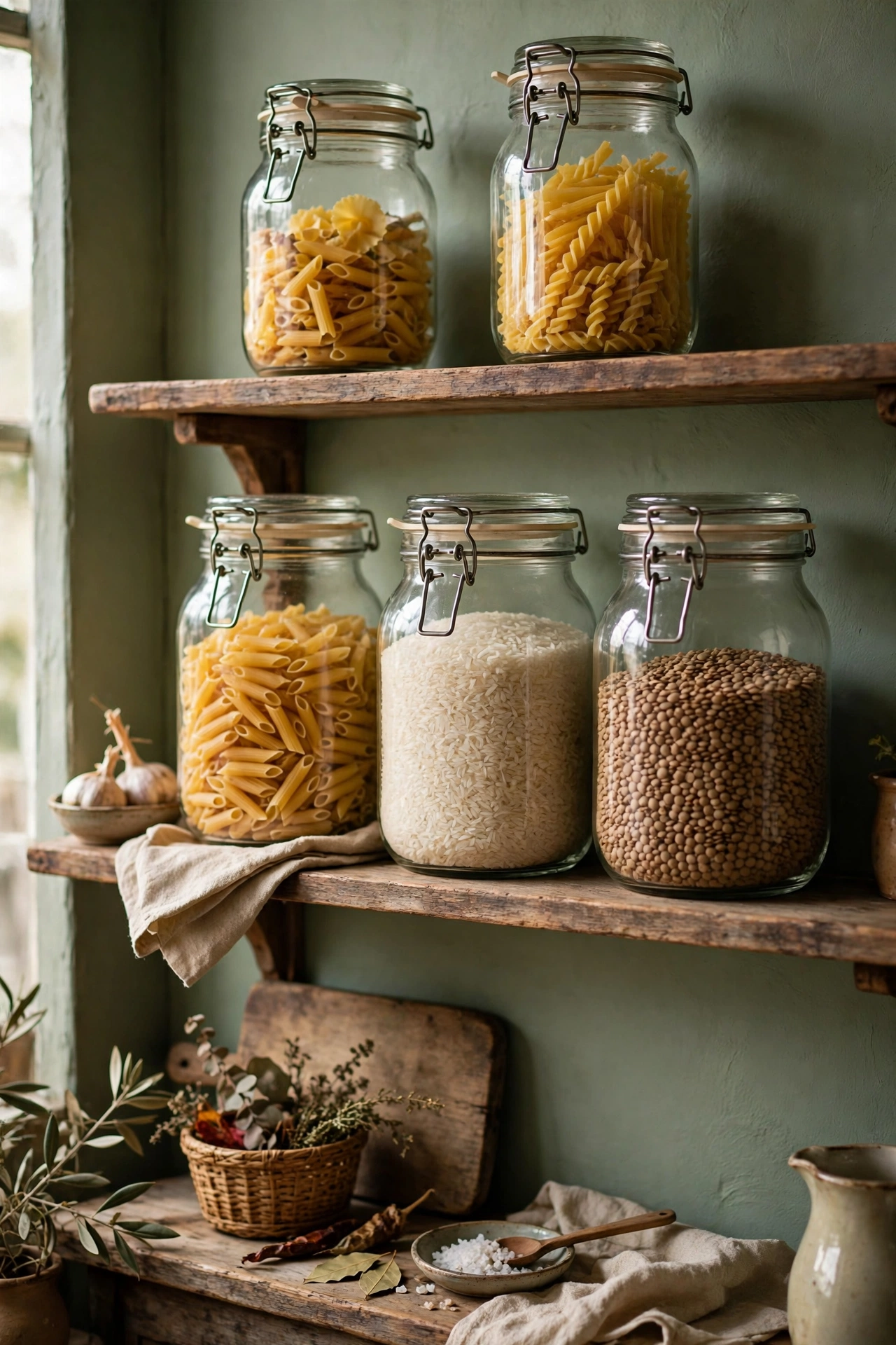 Vintage glass jars filled with pasta rice and lentils on open kitchen shelves