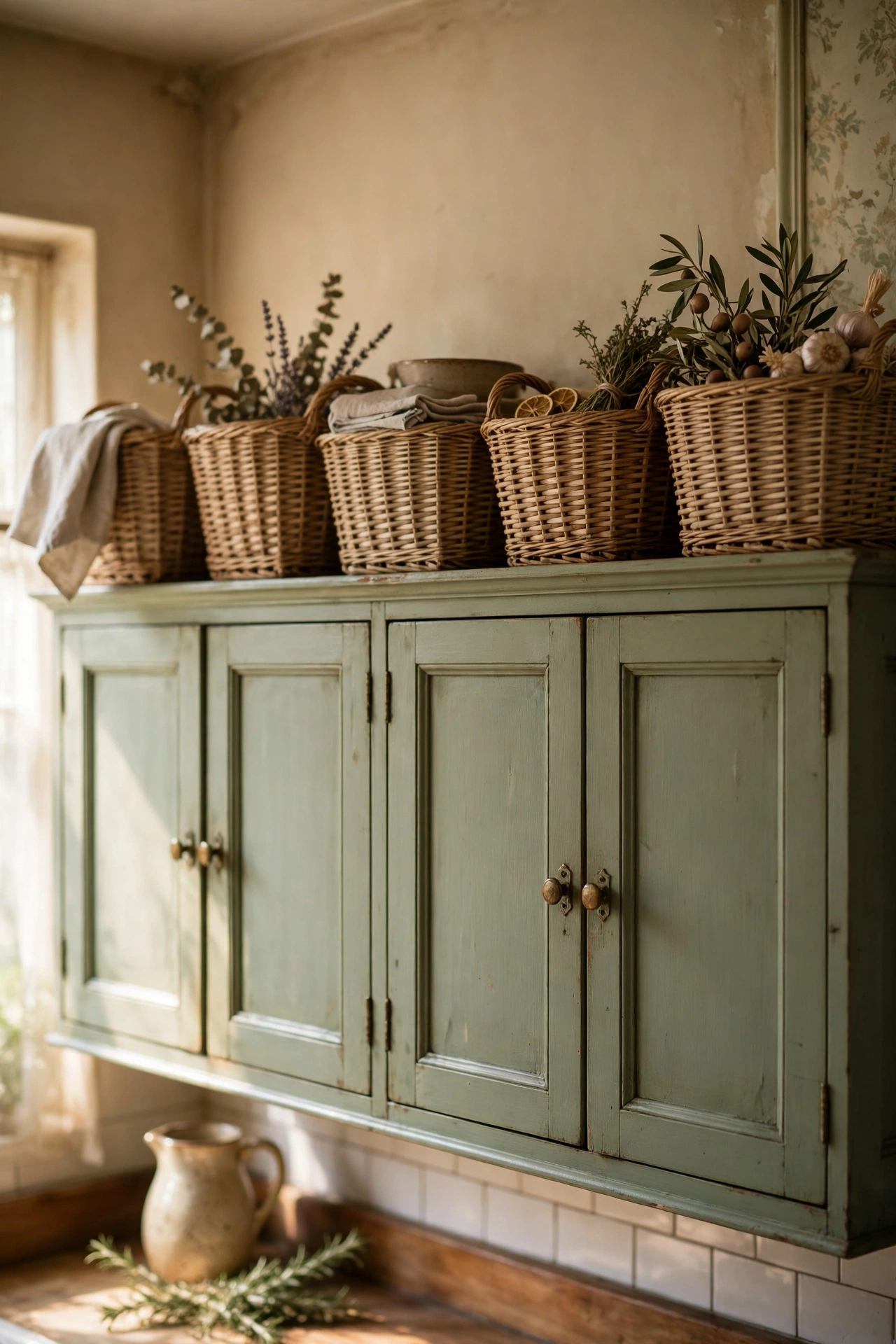 Wicker storage baskets lined up on top of sage green kitchen wall cabinets