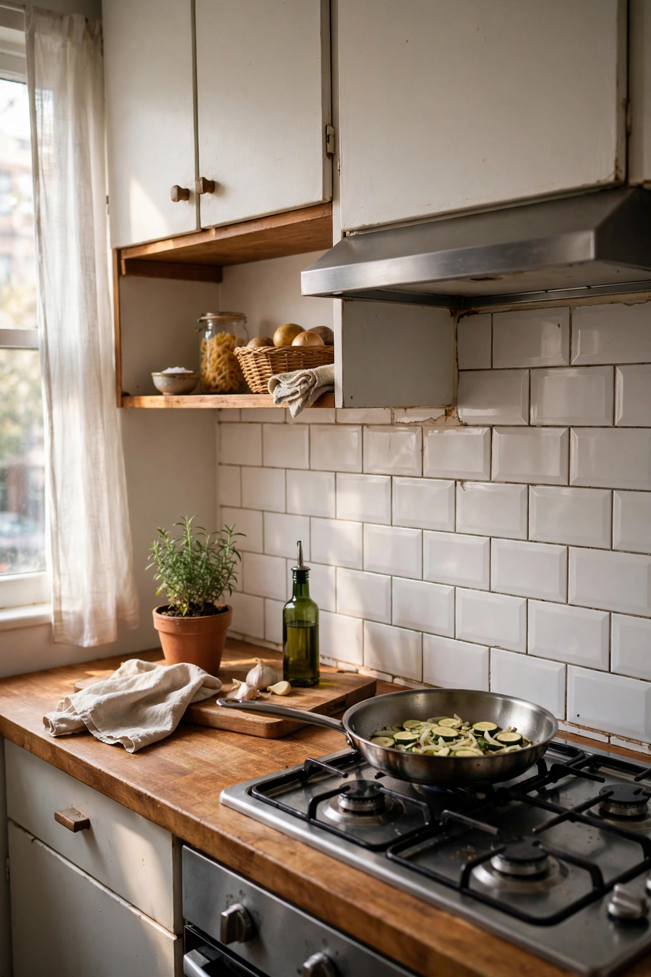 Peel and stick subway backsplash tiles in a rental apartment kitchen