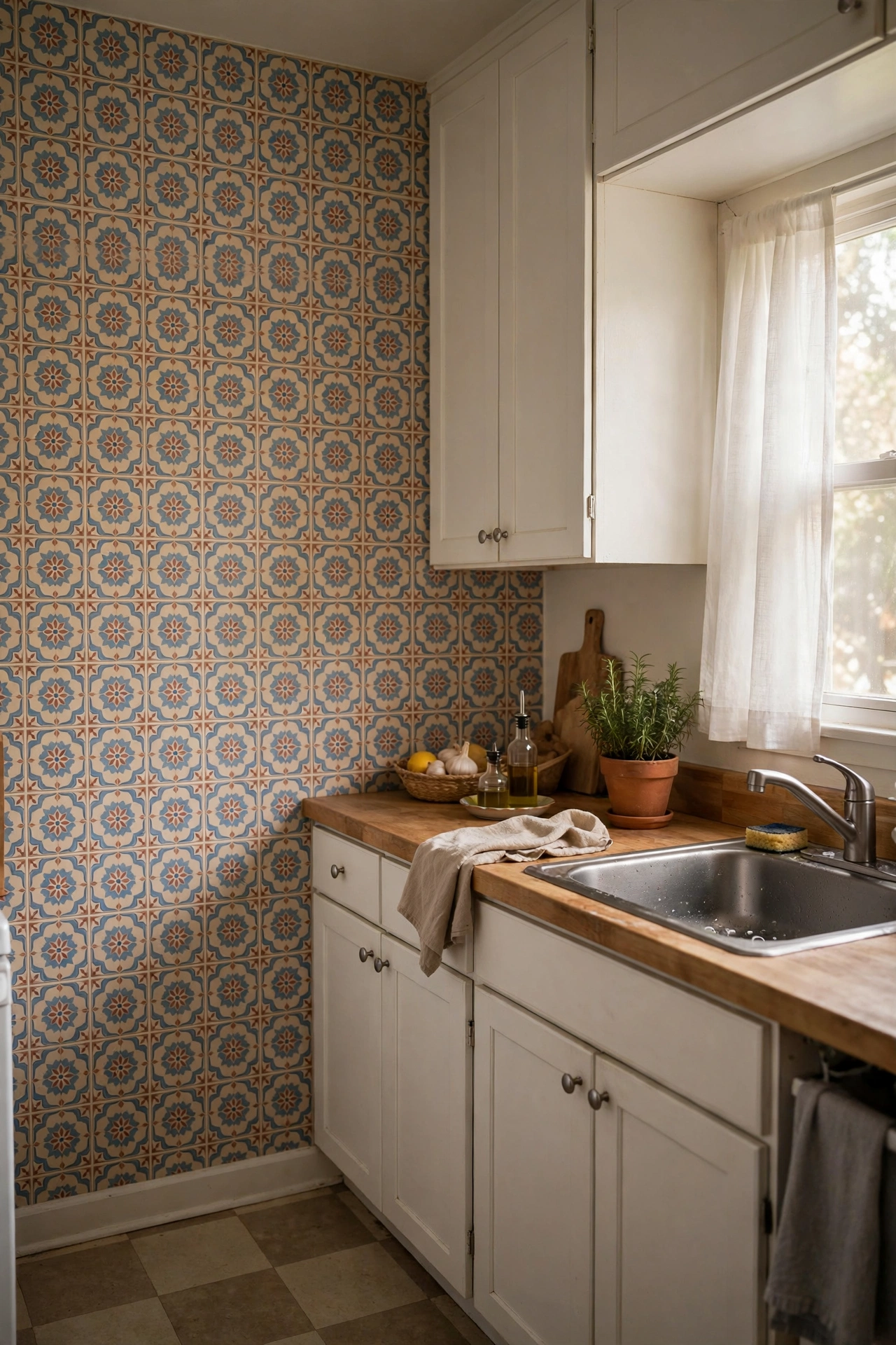 Peel and stick vintage tile print wallpaper on one rental kitchen wall
