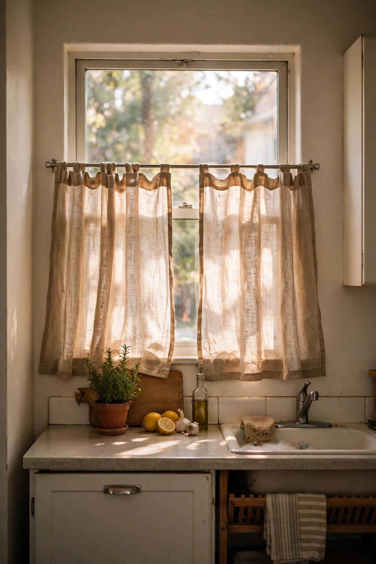 Tension rod with linen cafe curtains in a rental kitchen window
