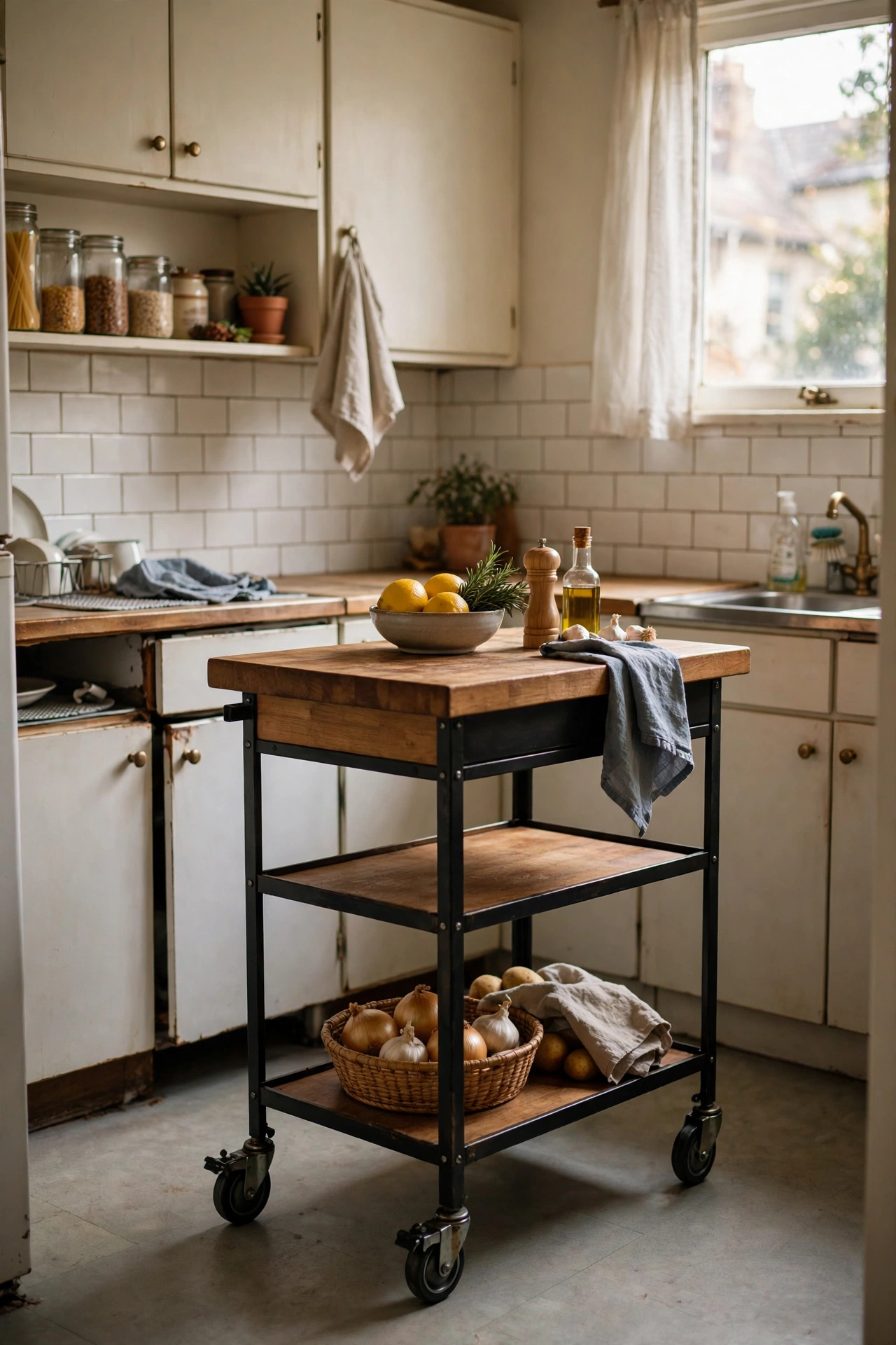 Freestanding rolling kitchen island cart with wooden top in a small rental kitchen
