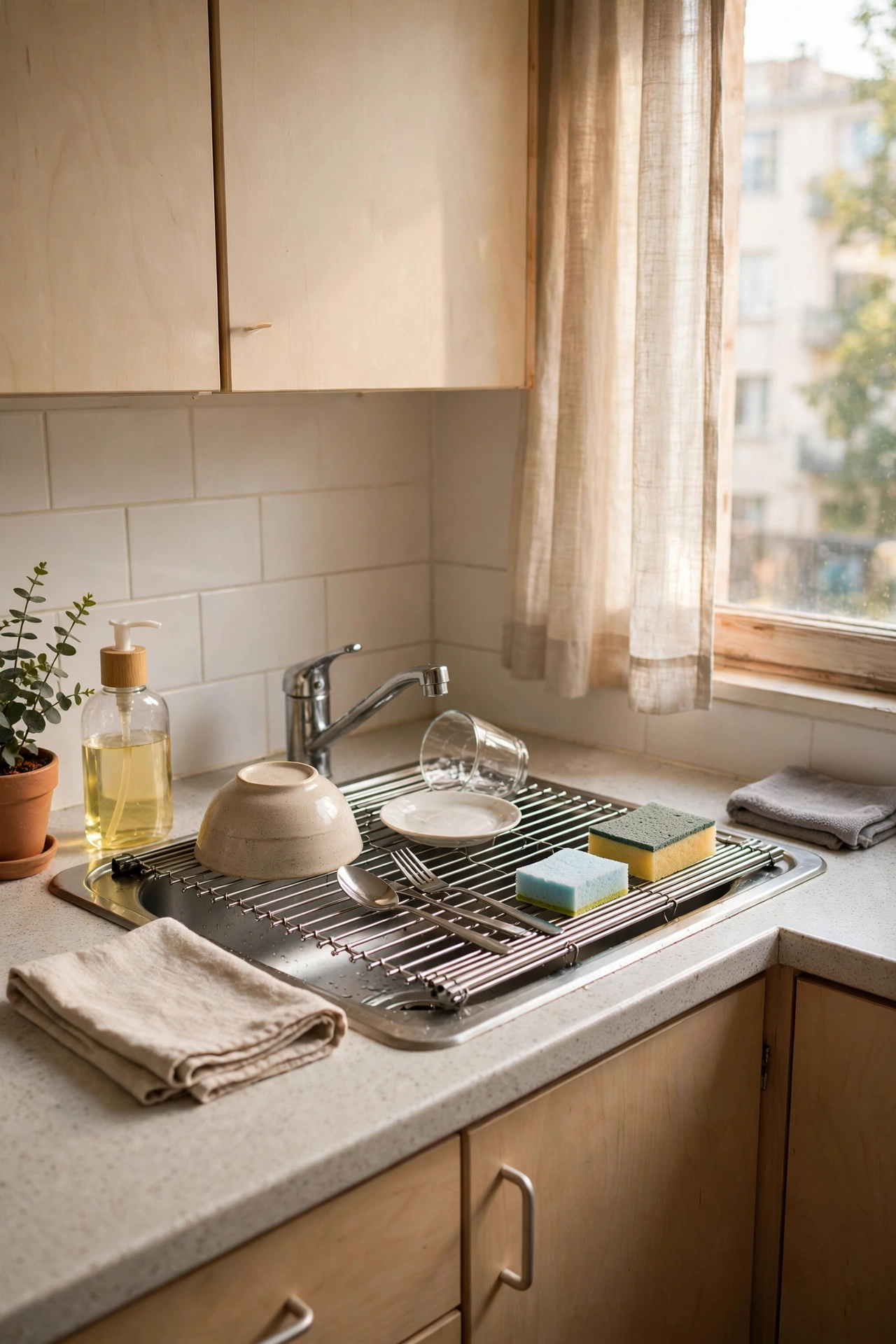 Roll-up over-the-sink dish drying rack in a compact apartment kitchen