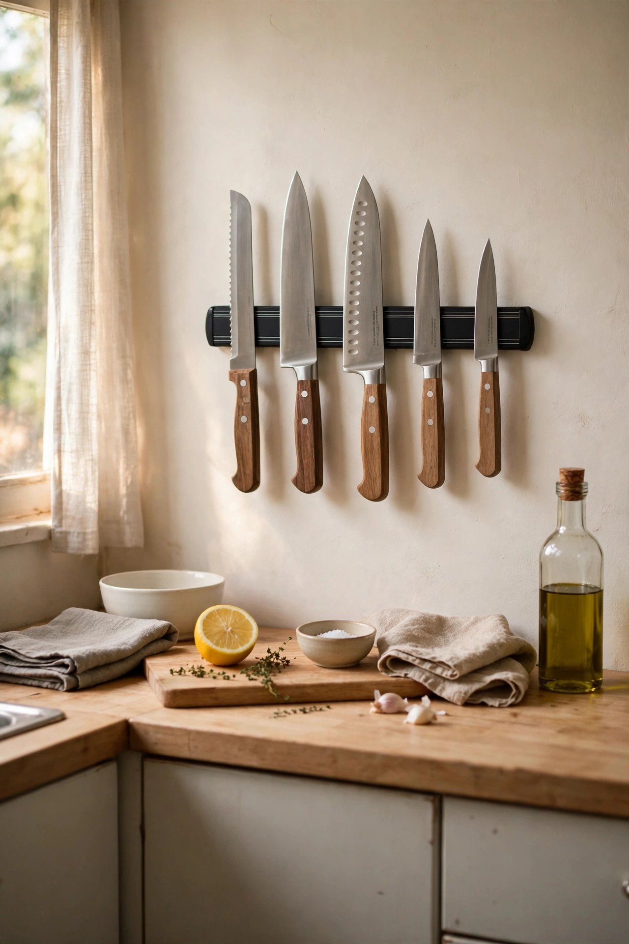 Magnetic knife strip with removable adhesive holding knives on a rental kitchen wall