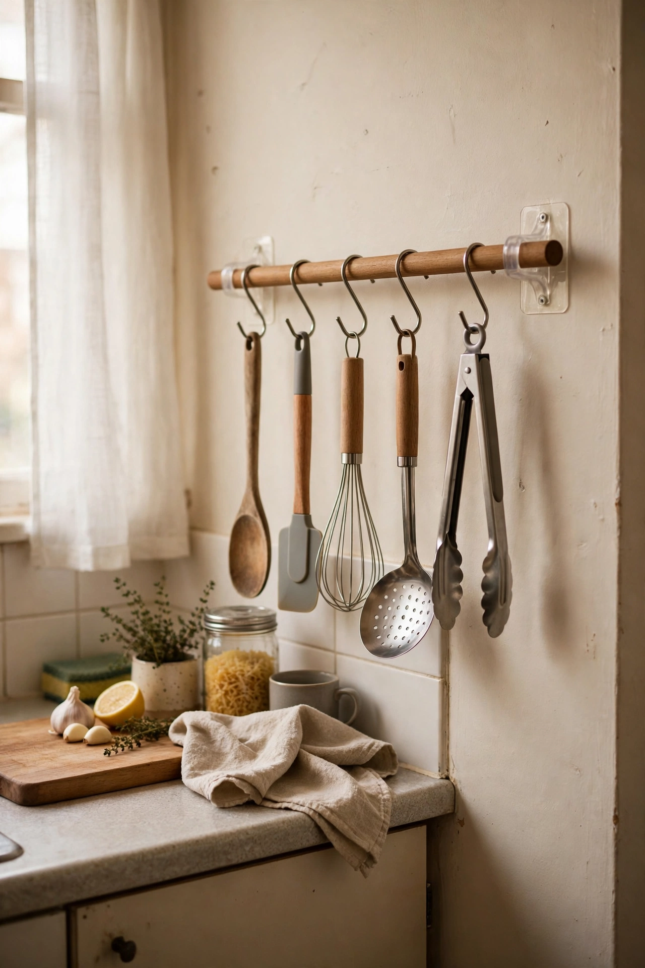Adhesive hooks holding a wooden dowel rail with hanging utensils in a rental kitchen