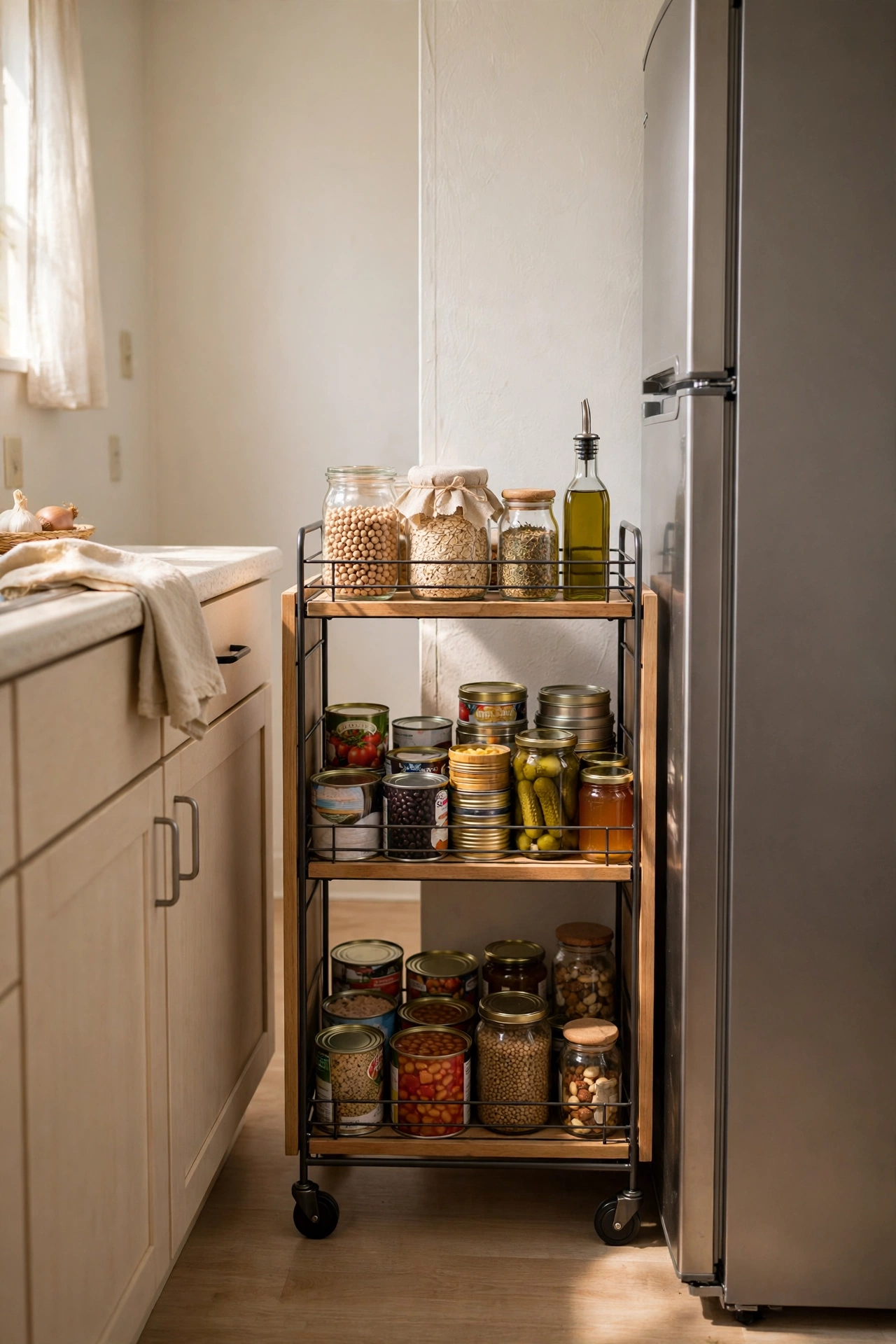 Slim rolling pantry trolley filled with tins beside a fridge in a rental kitchen