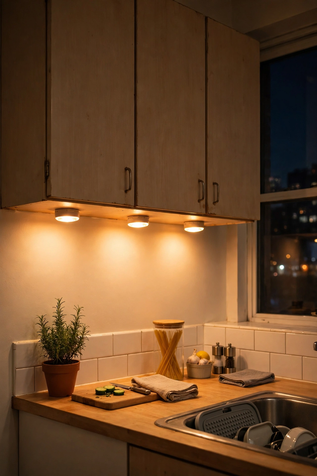 Battery puck lights glowing under rental kitchen wall cabinets at dusk