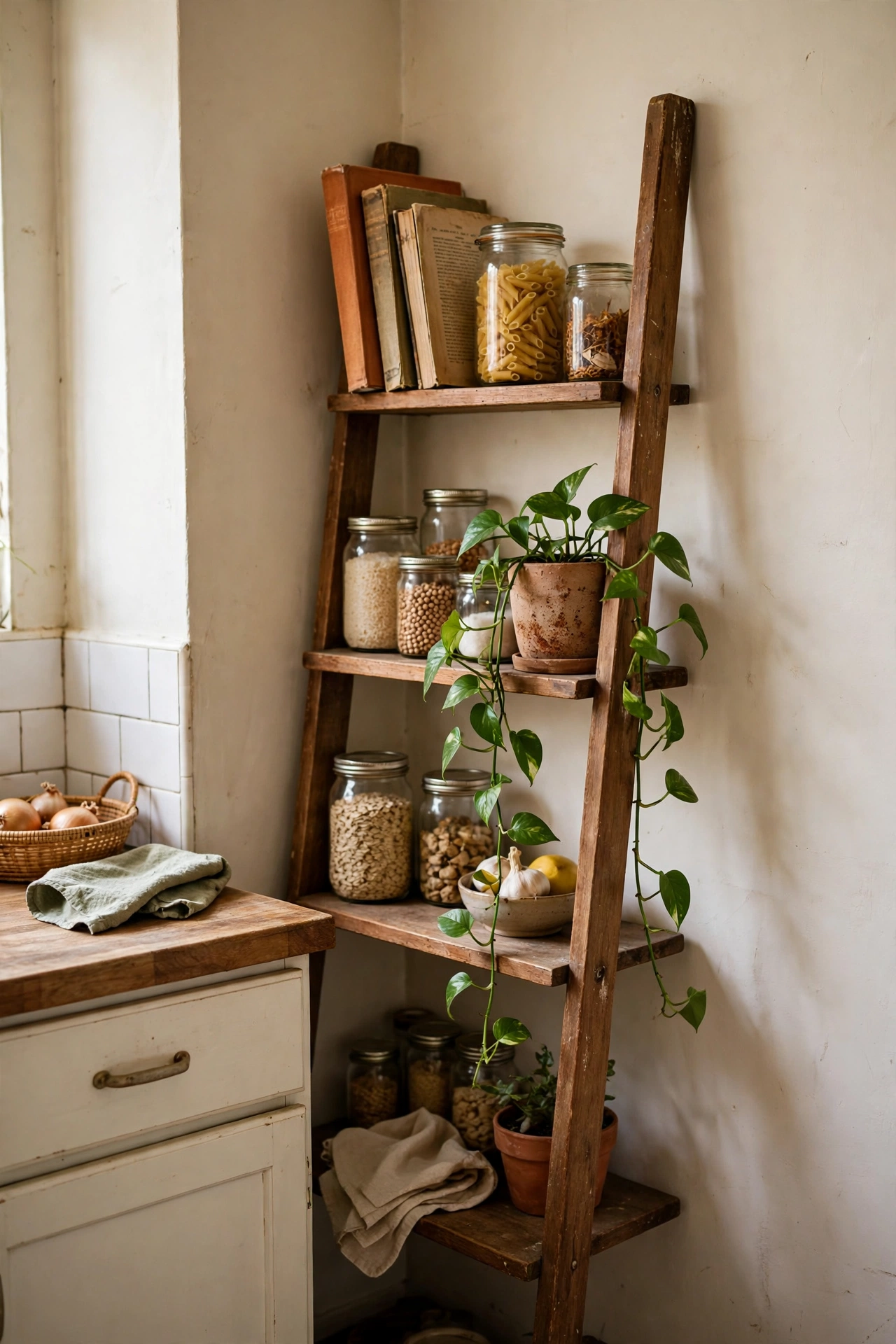 Leaning wooden ladder shelf with cookbooks and plants in a rental kitchen corner