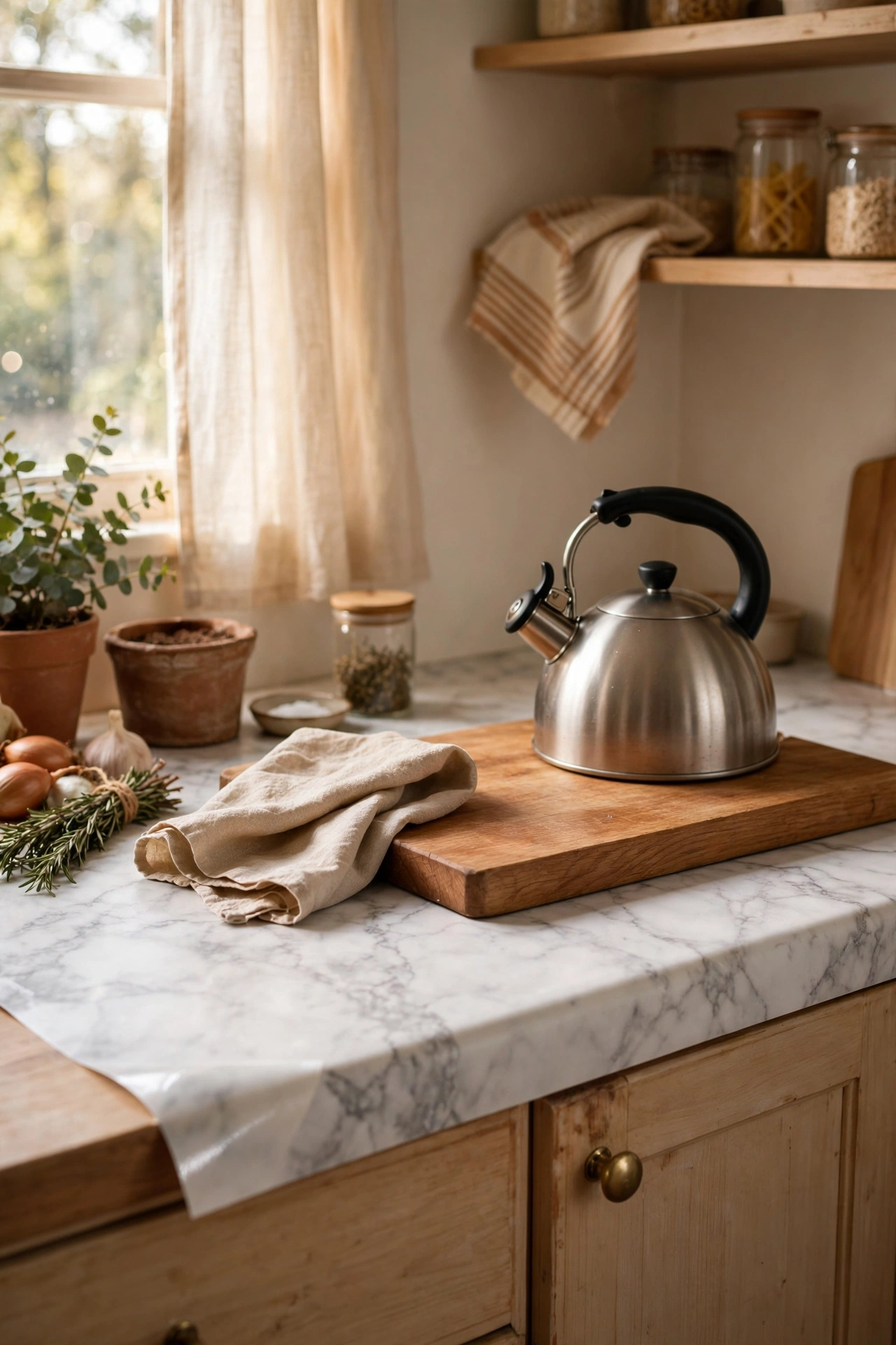 Marble-effect contact paper refreshed laminate worktop in a rental kitchen