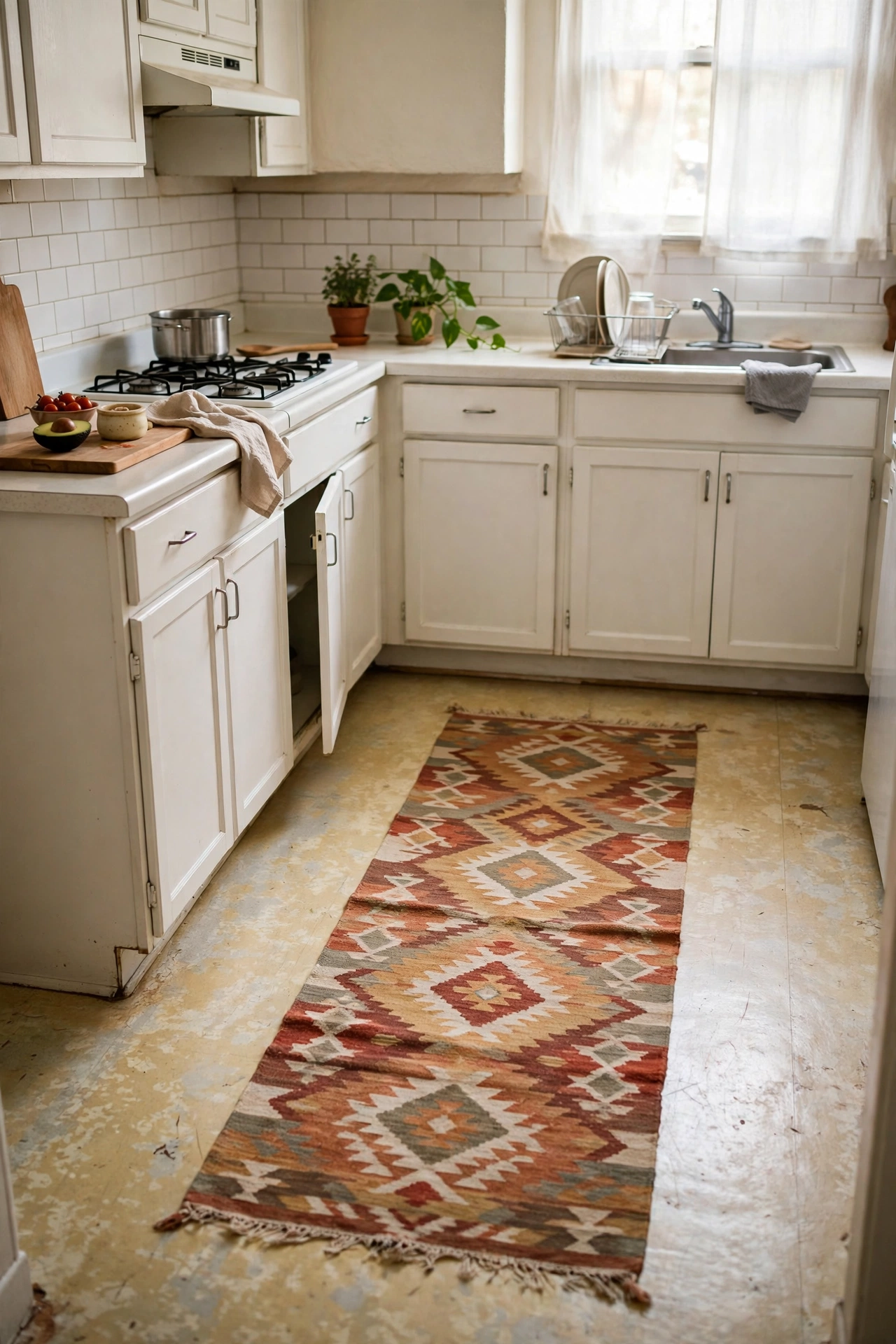 Washable patterned runner rug covering old lino in a rental kitchen