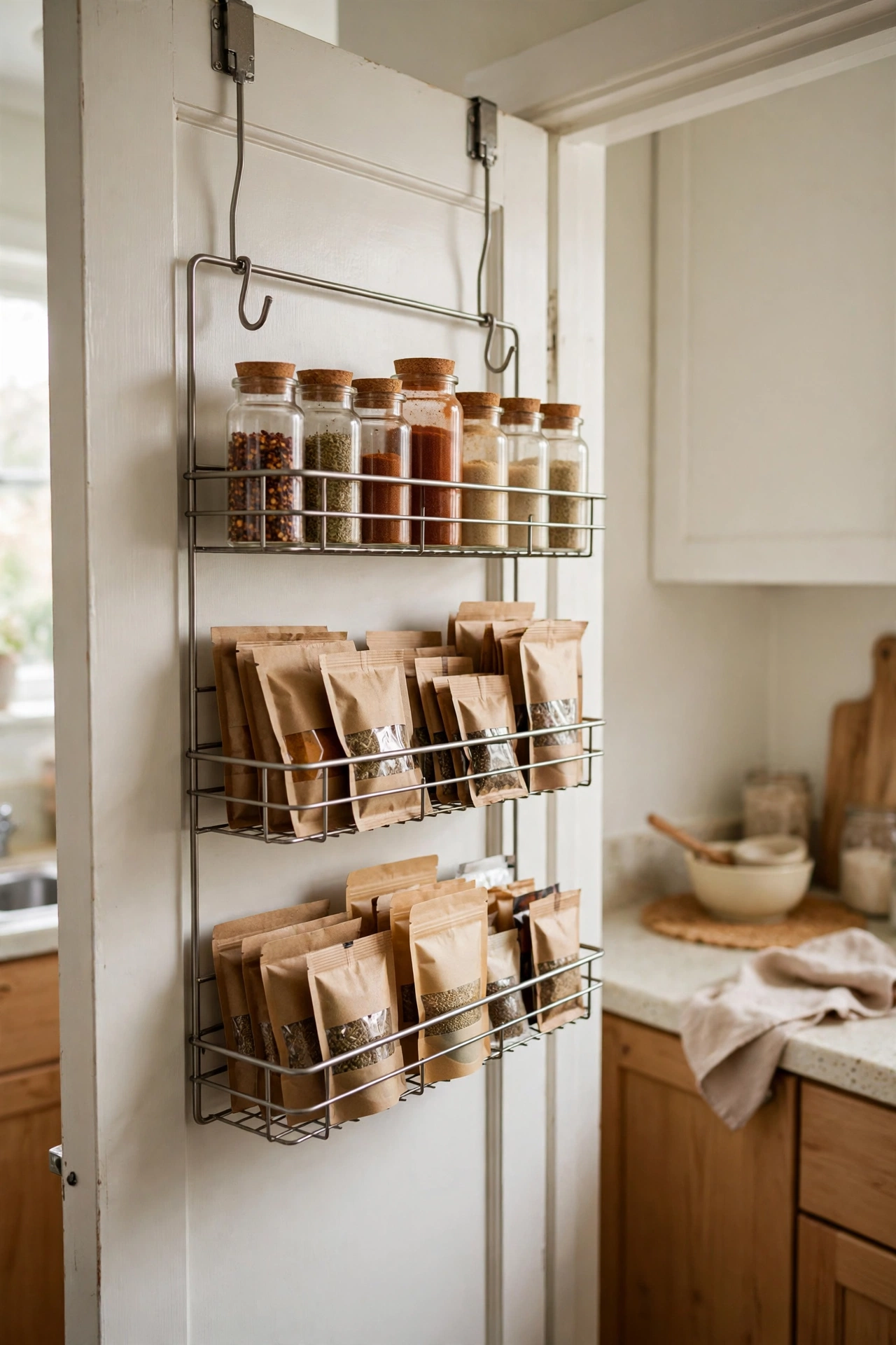 Over-the-door wire rack organiser holding spices inside a rental pantry door
