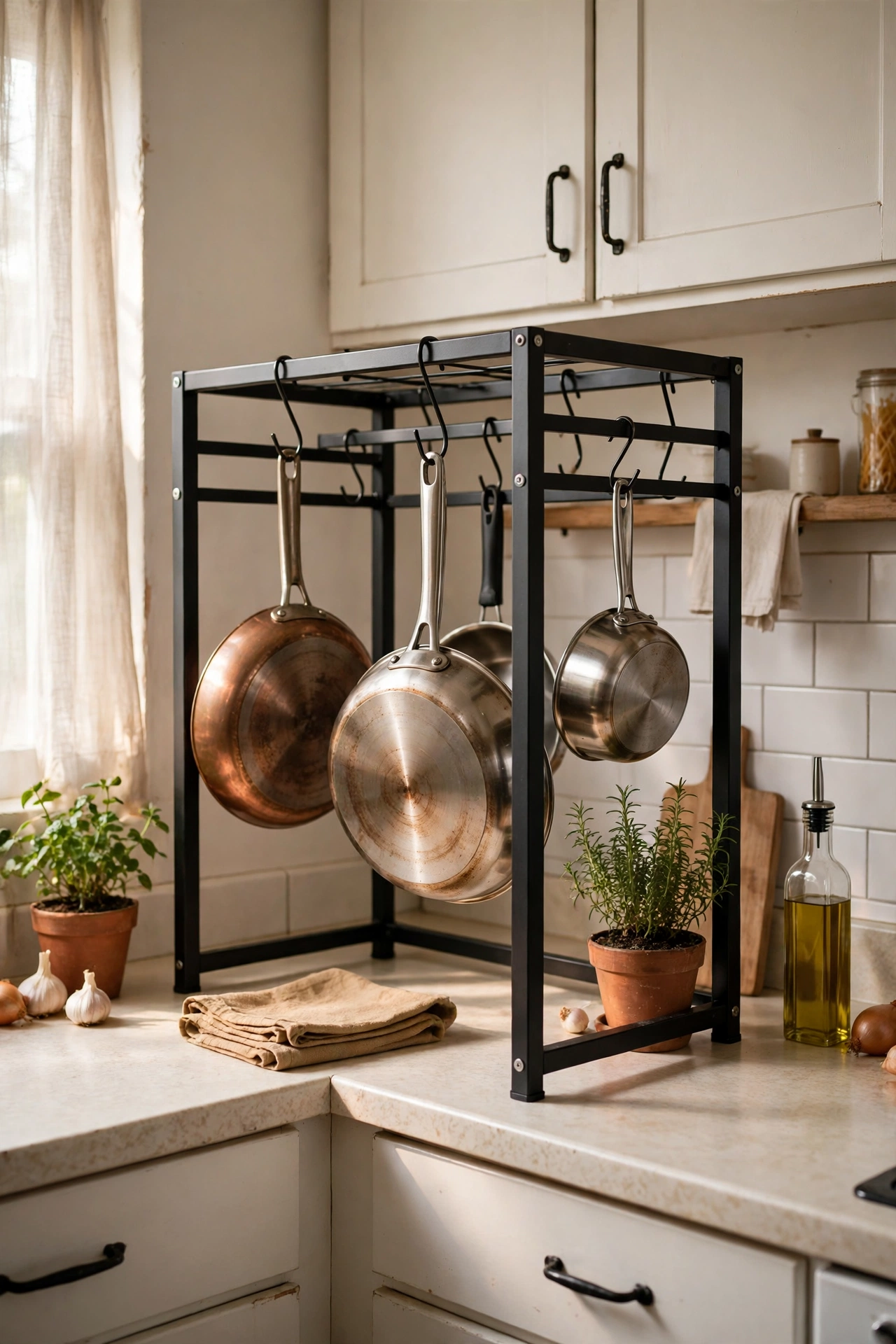 Freestanding countertop pot rack holding pans in a small rental kitchen