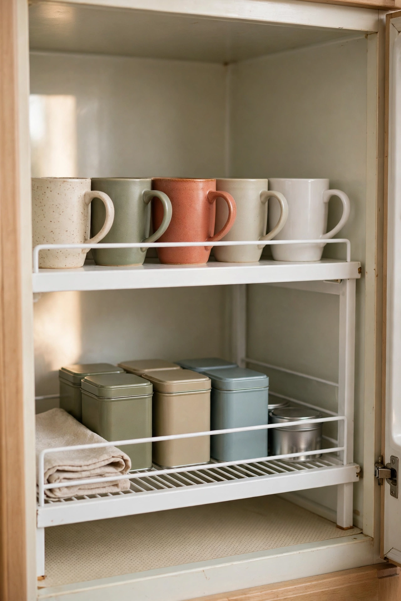 Stackable shelf risers doubling storage inside a rental kitchen cupboard