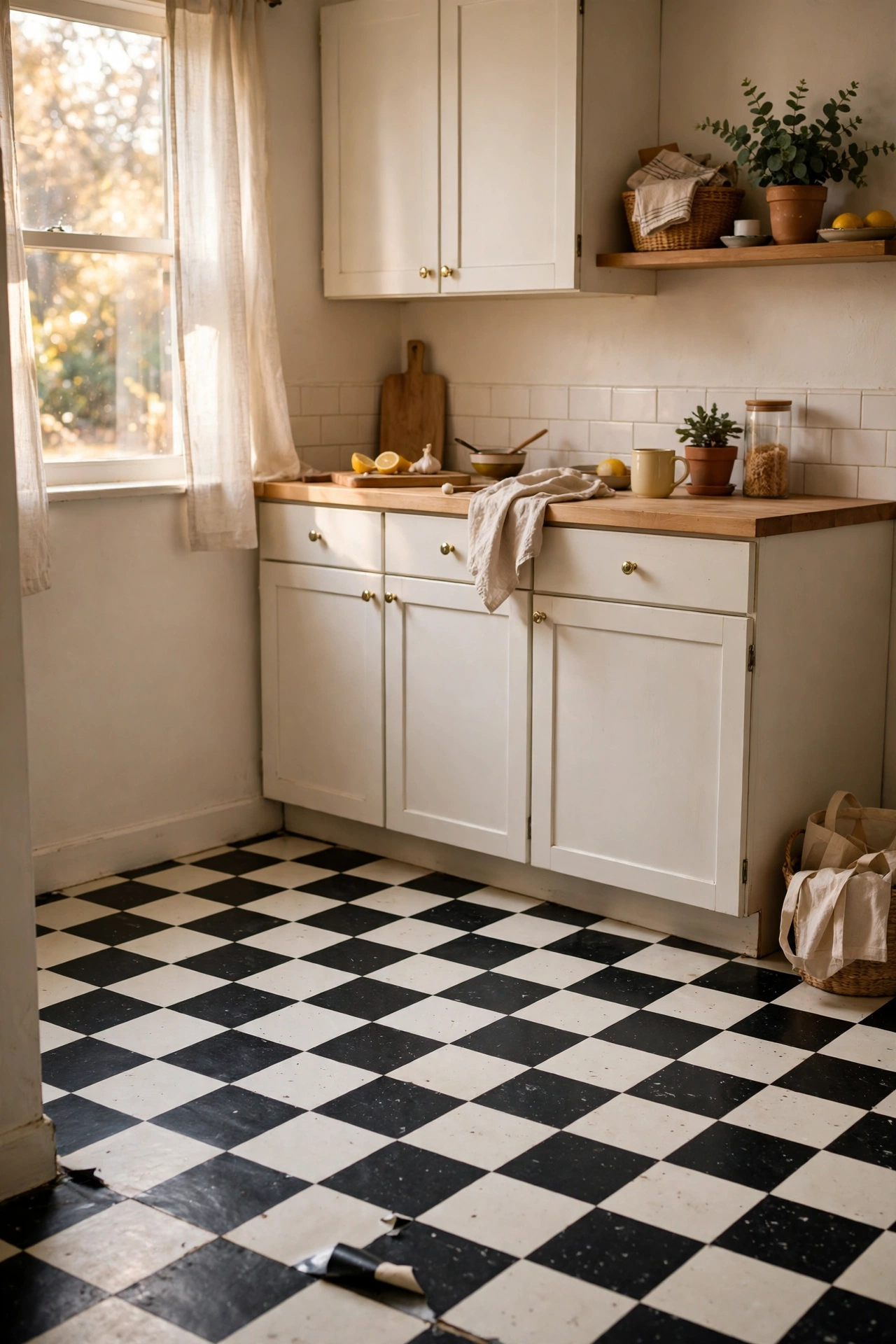 Peel and stick checkerboard vinyl floor tiles in a rental kitchen