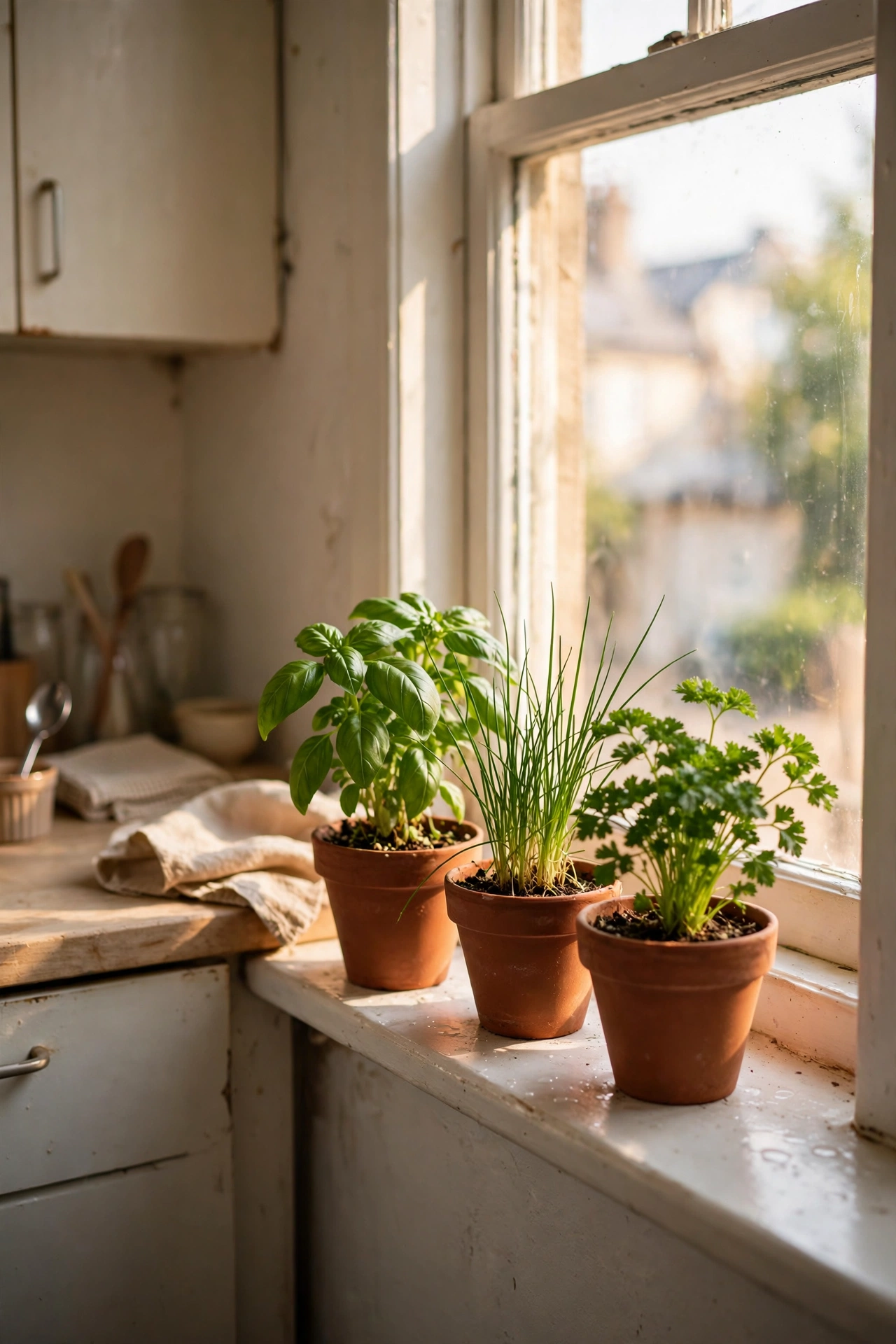 Indoor herb garden kit with basil and chives on a rental kitchen windowsill