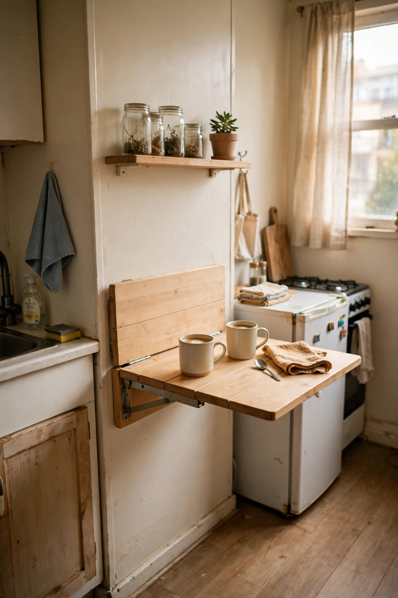 Fold-down wall-mounted drop-leaf dining table in a tiny rental kitchen
