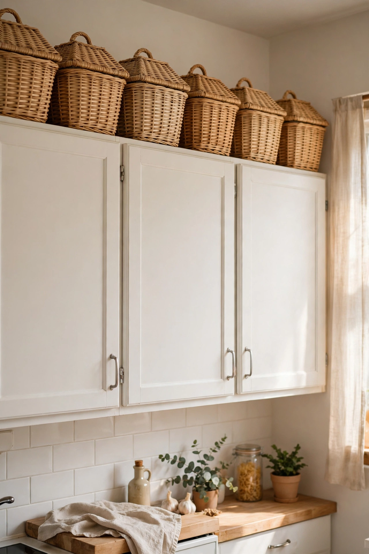 Lidded wicker baskets lined up for storage on top of rental kitchen cabinets