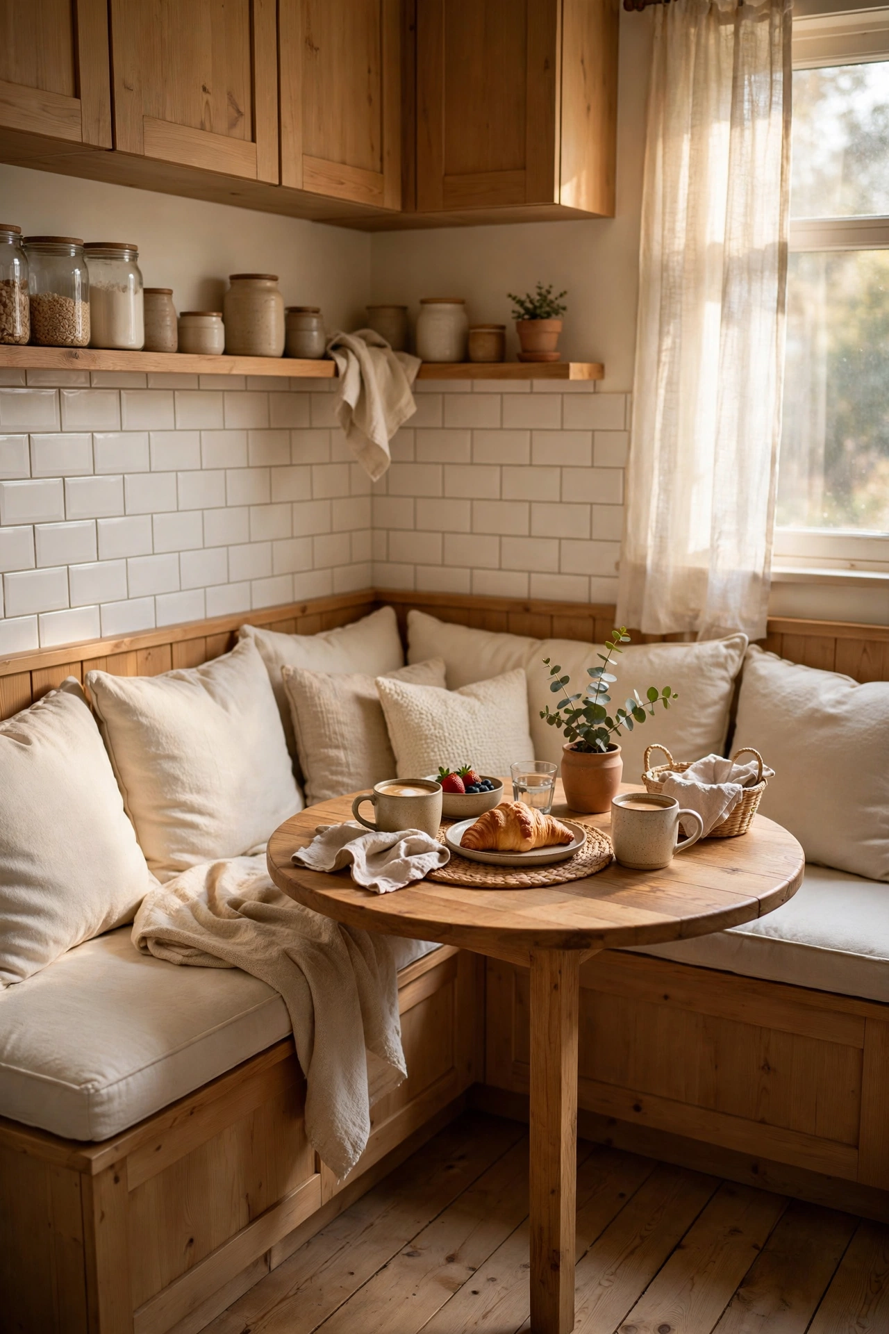 L-shaped corner banquette bench with cushions in a small kitchen breakfast nook