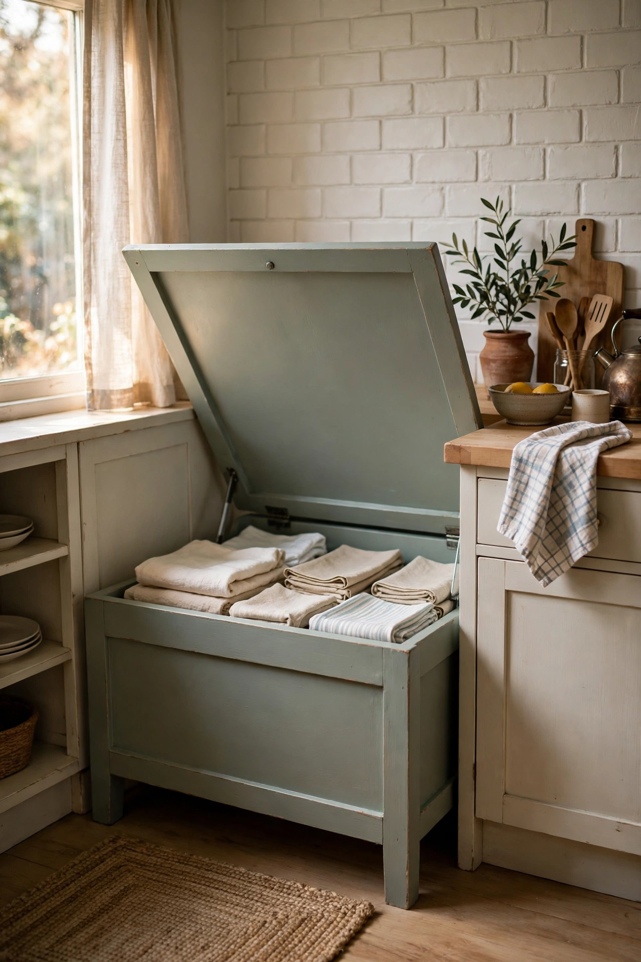 Wooden bench with lift-up storage lid in a small kitchen nook