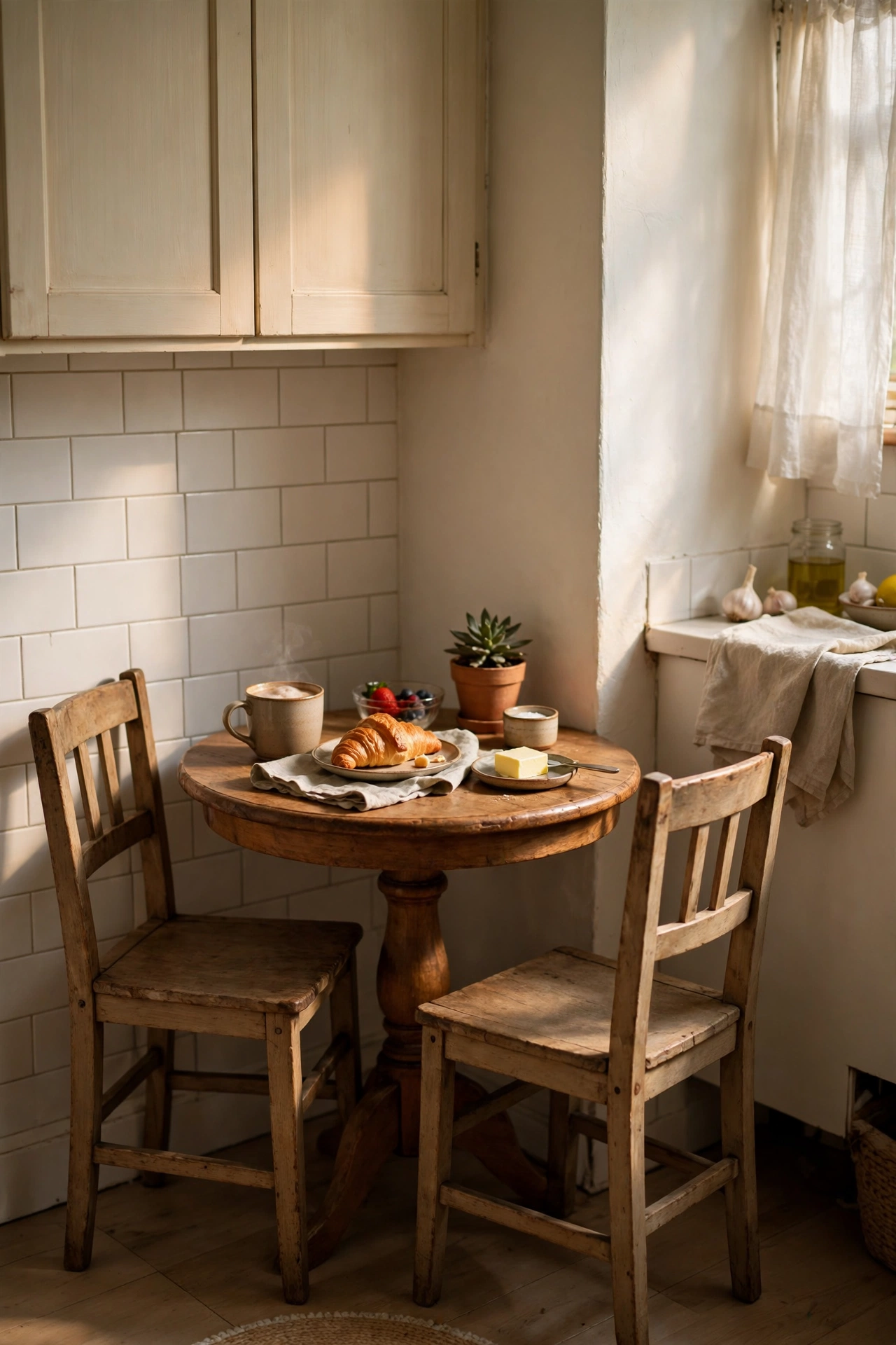 Round pedestal table with two chairs squeezed into a tiny kitchen corner