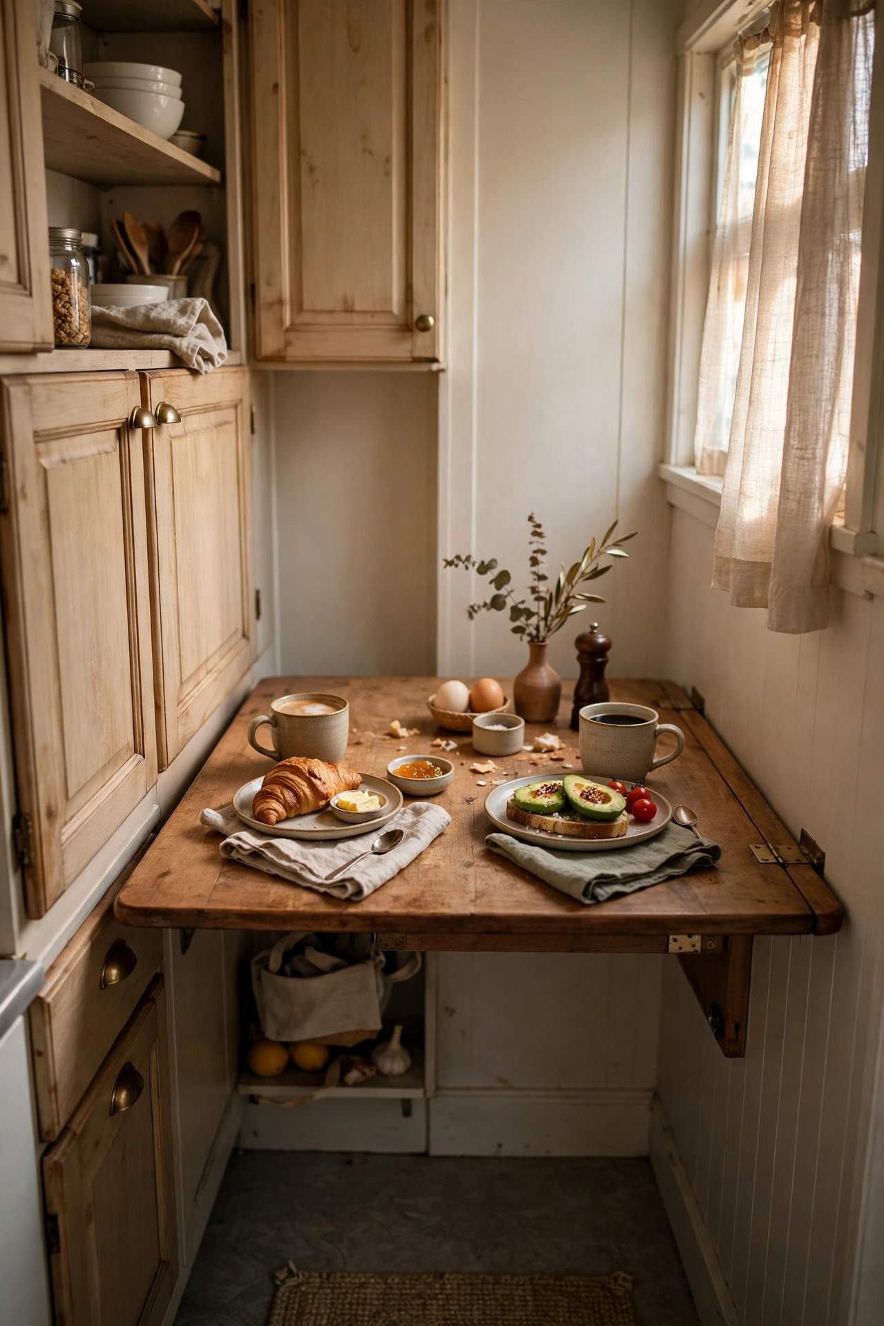 Drop-leaf wall-mounted table folded up in a narrow kitchen