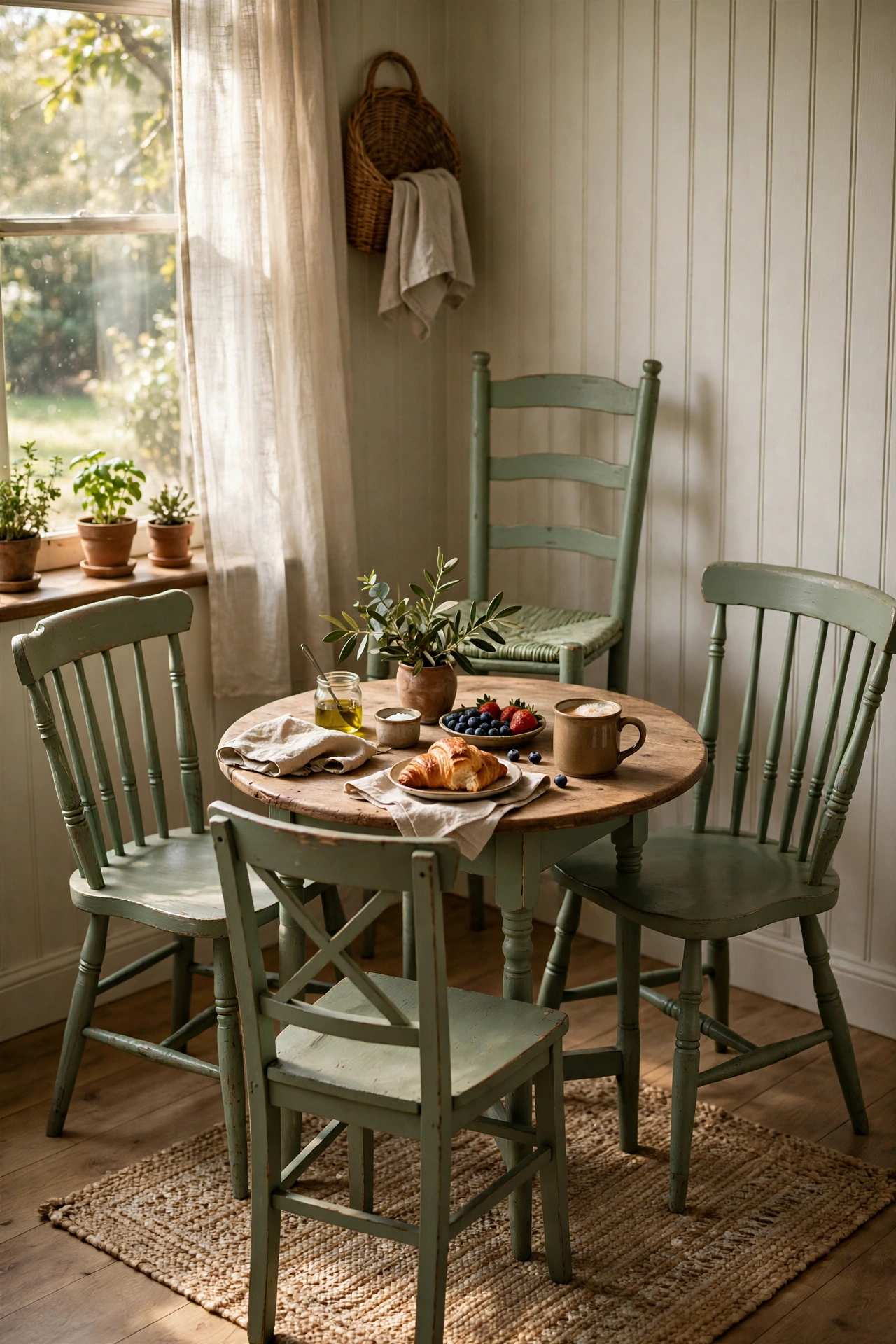 Mix-and-match vintage wooden chairs painted sage green around a kitchen table