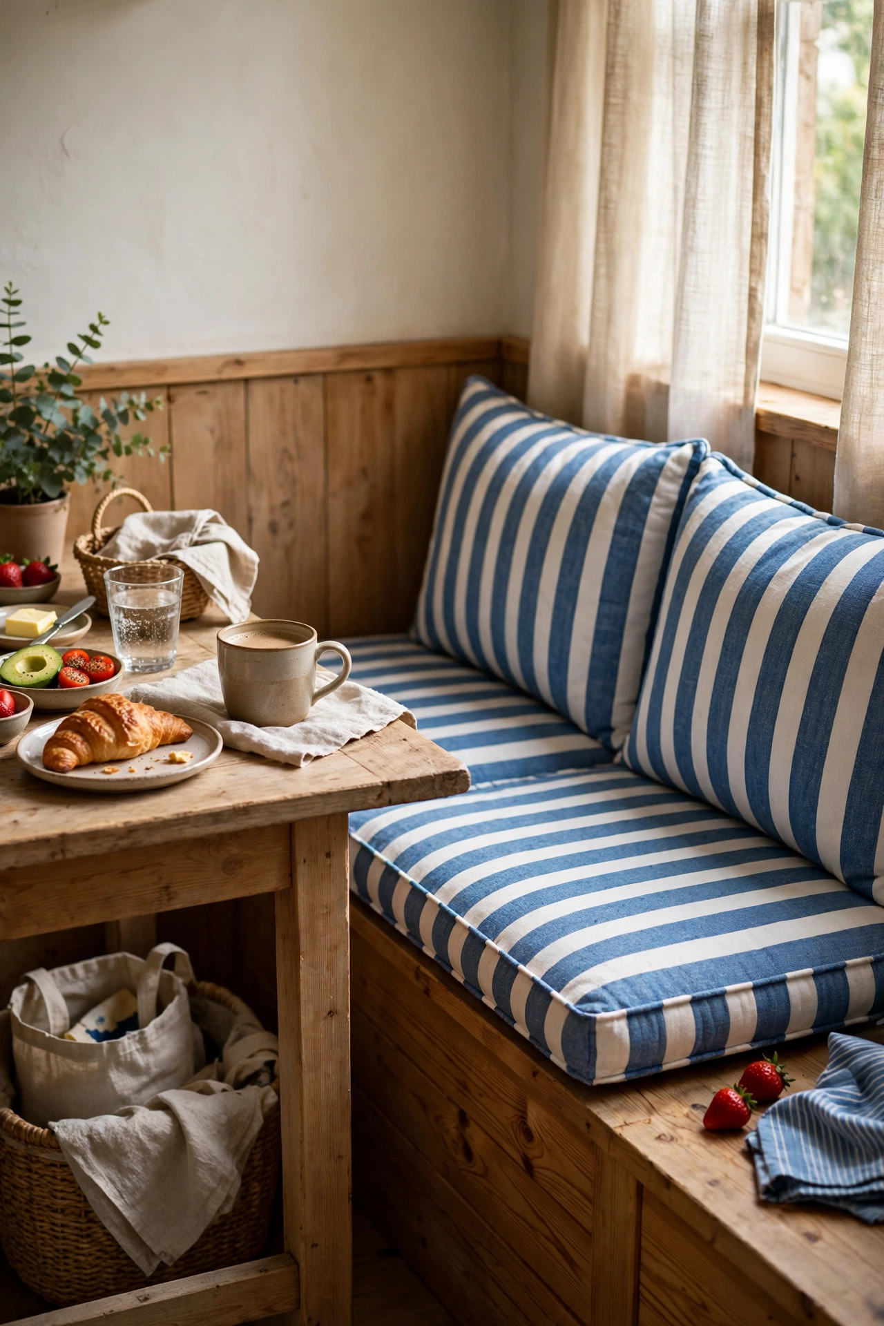 Thick washable bench cushions in striped fabric on a kitchen banquette