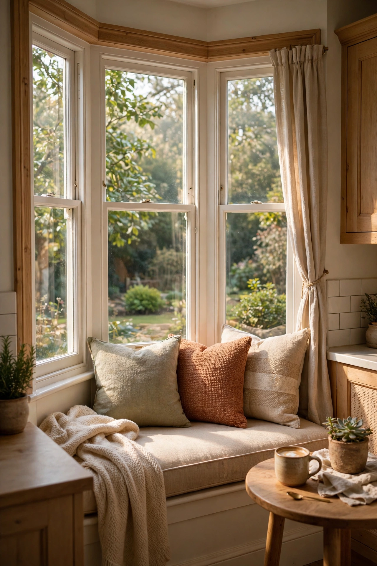 Window seat nook with cushions and pillows overlooking a garden