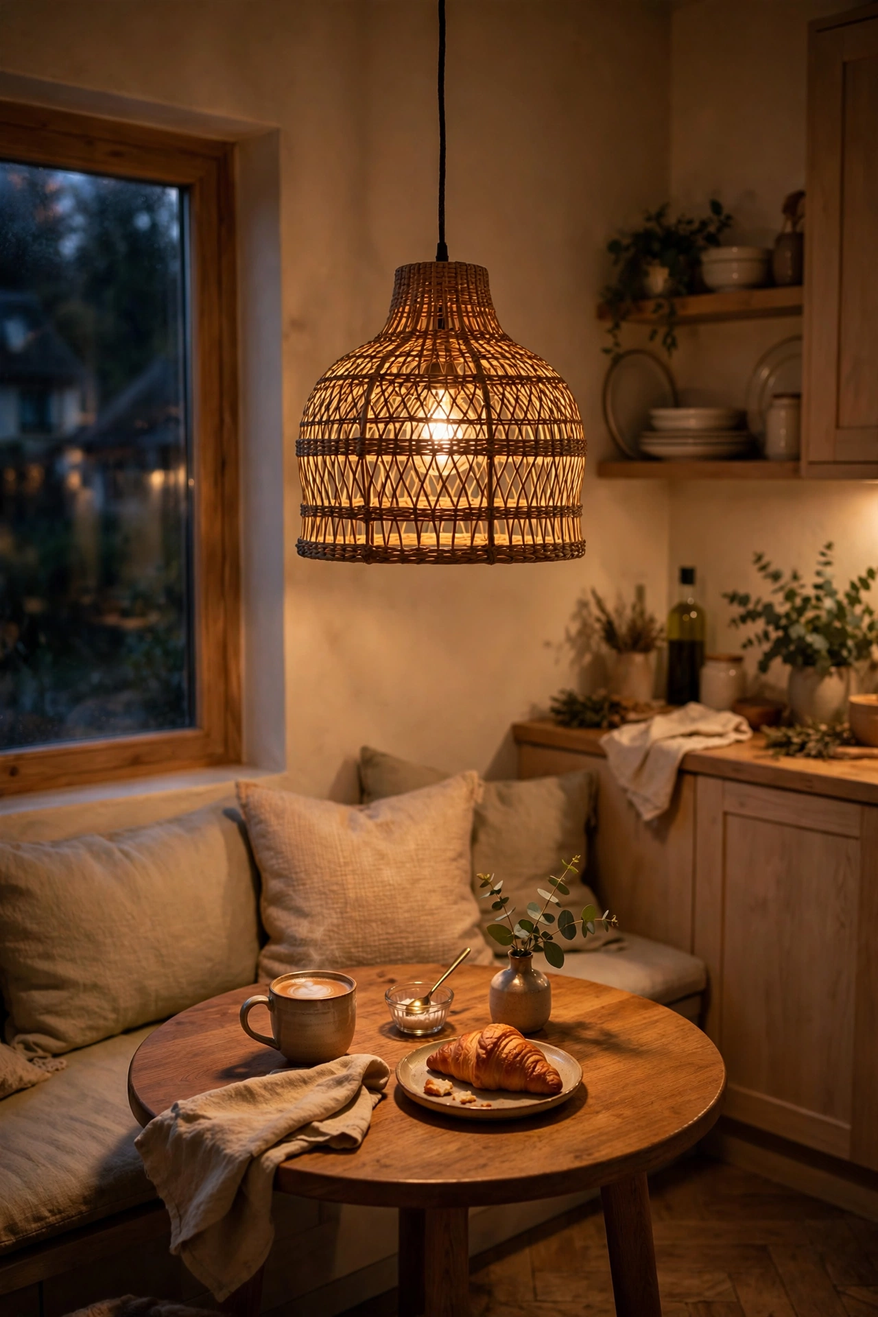 Rattan pendant light hung low over a small round breakfast table