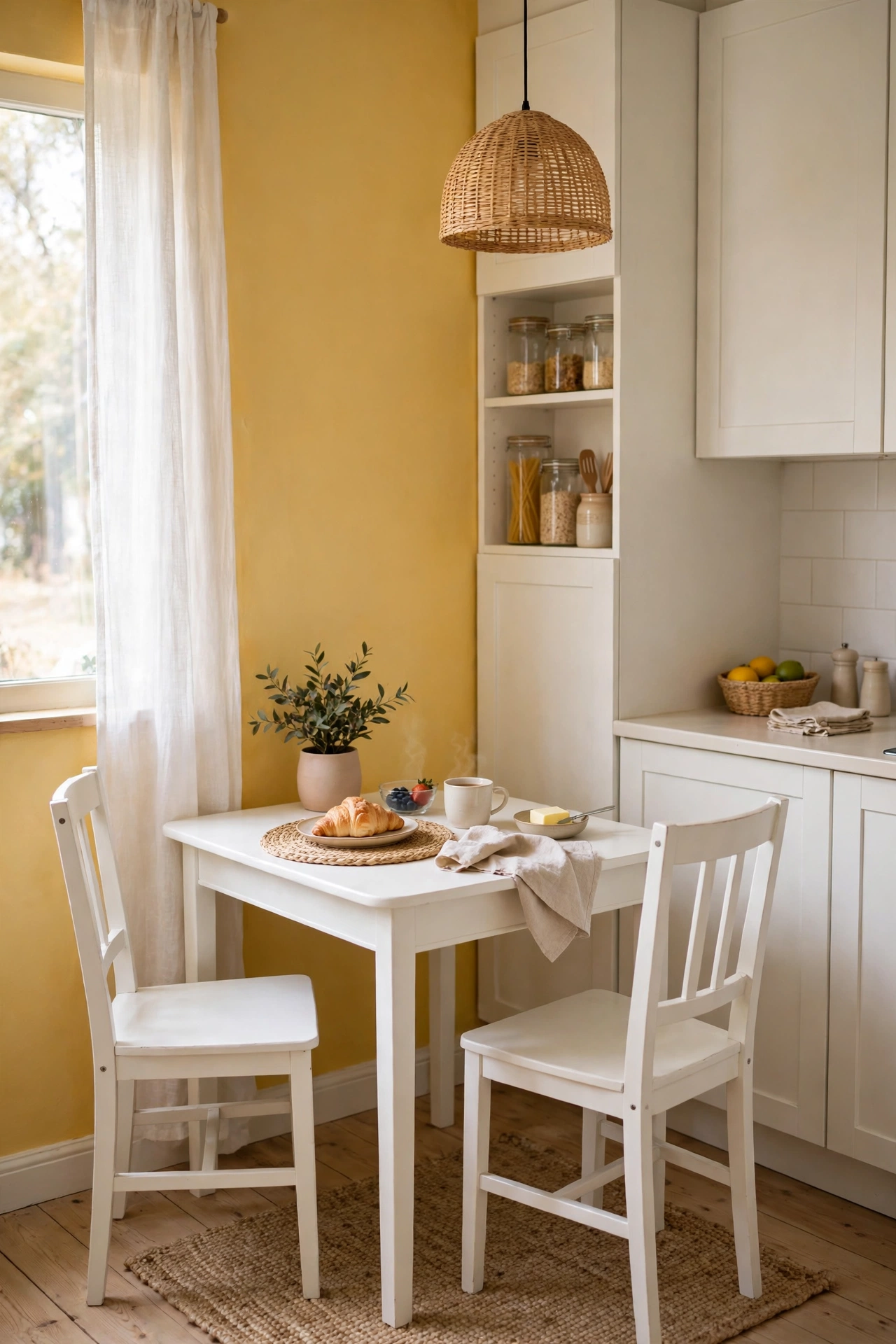 Breakfast nook wall painted warm buttery yellow in a small white kitchen