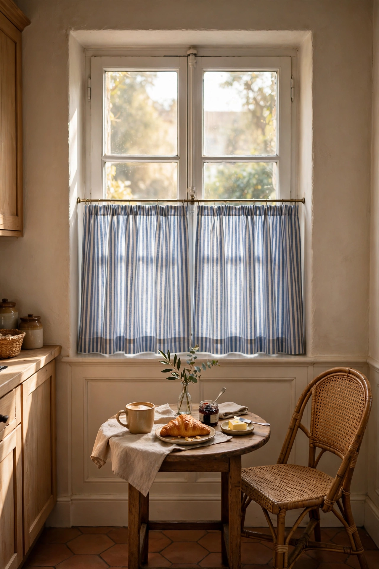 Blue ticking stripe cafe curtains on a kitchen window above a breakfast table
