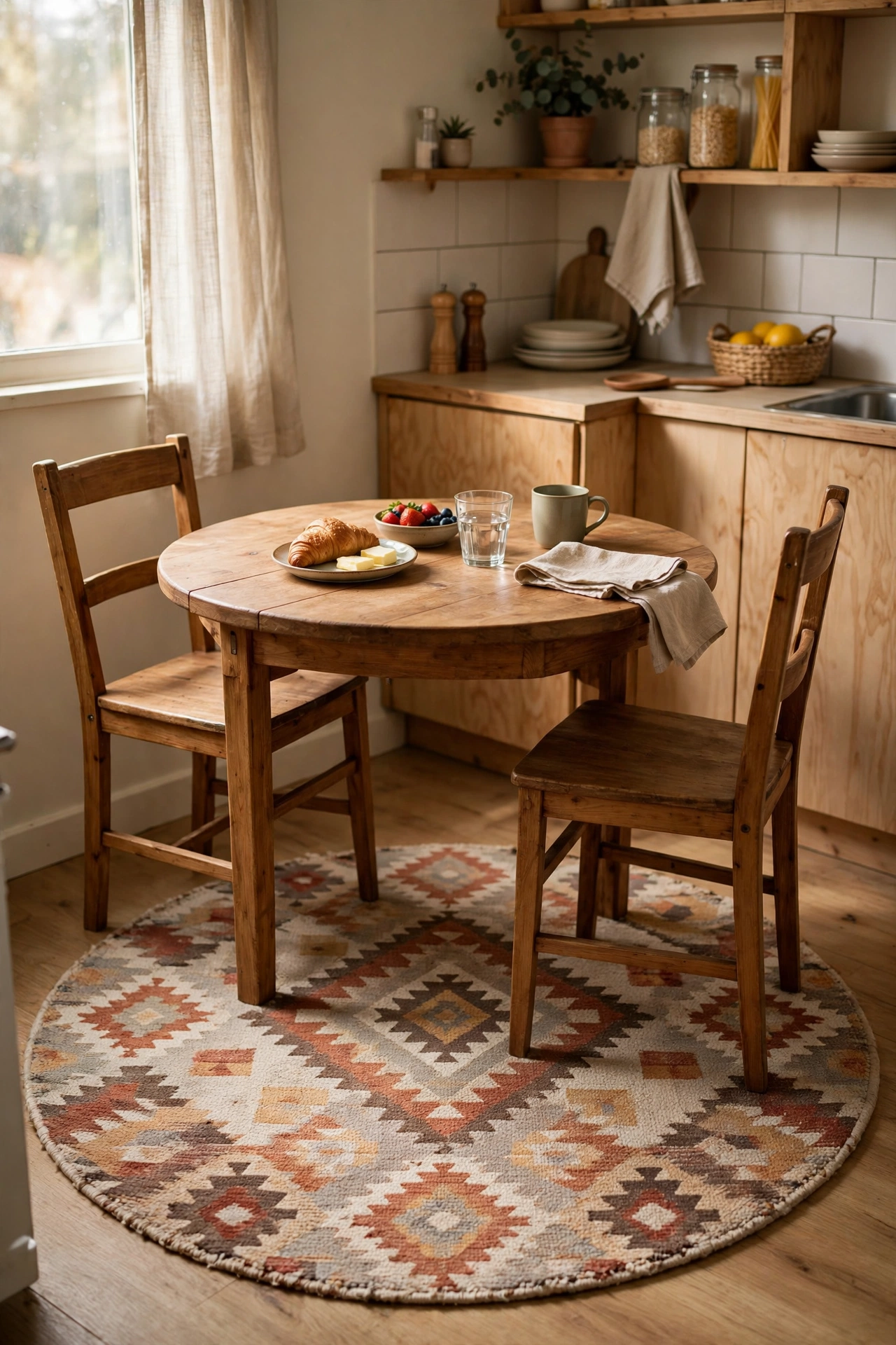 Round low-pile rug under a round breakfast table and chairs