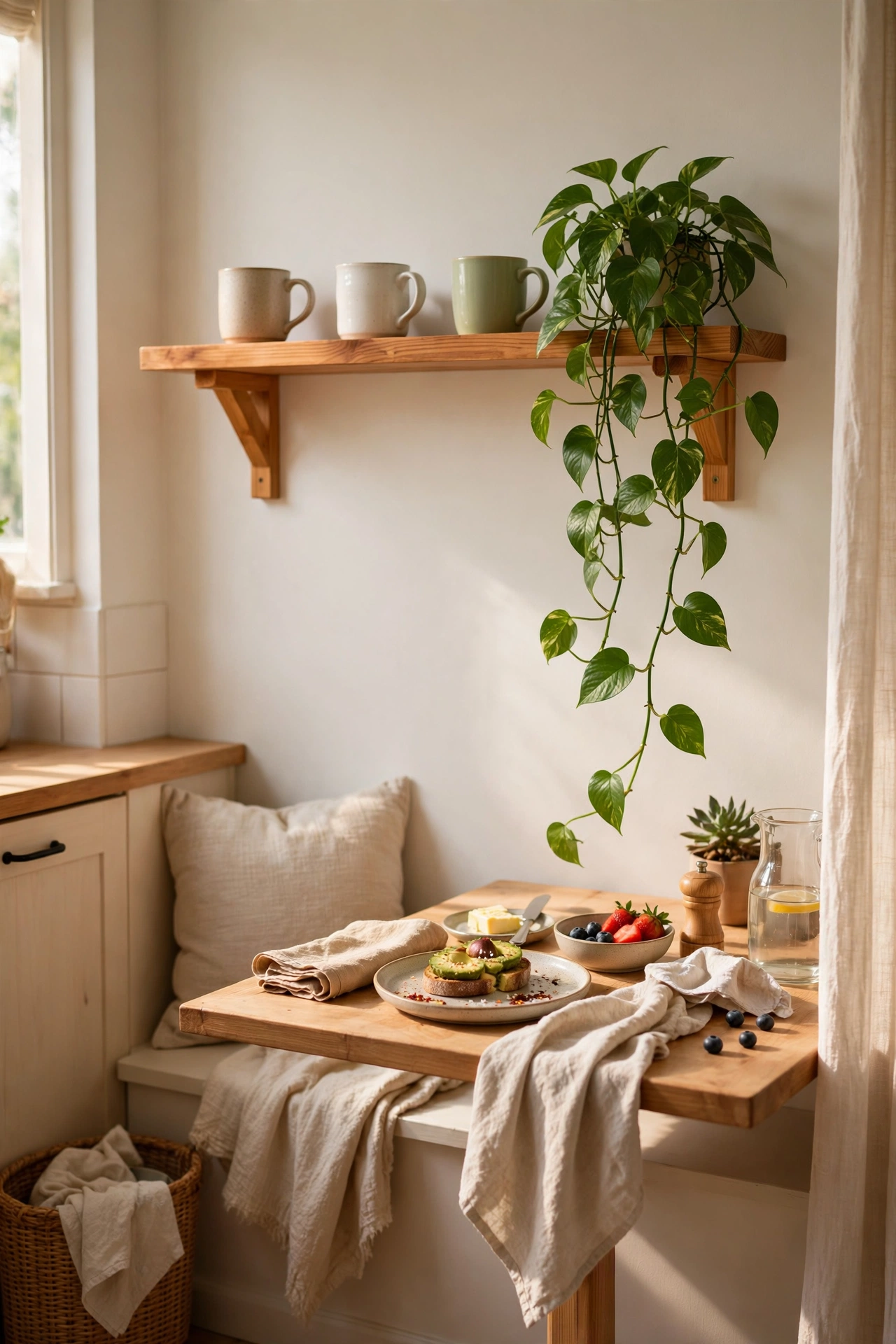 Floating wooden shelf above a breakfast nook holding mugs and a trailing plant