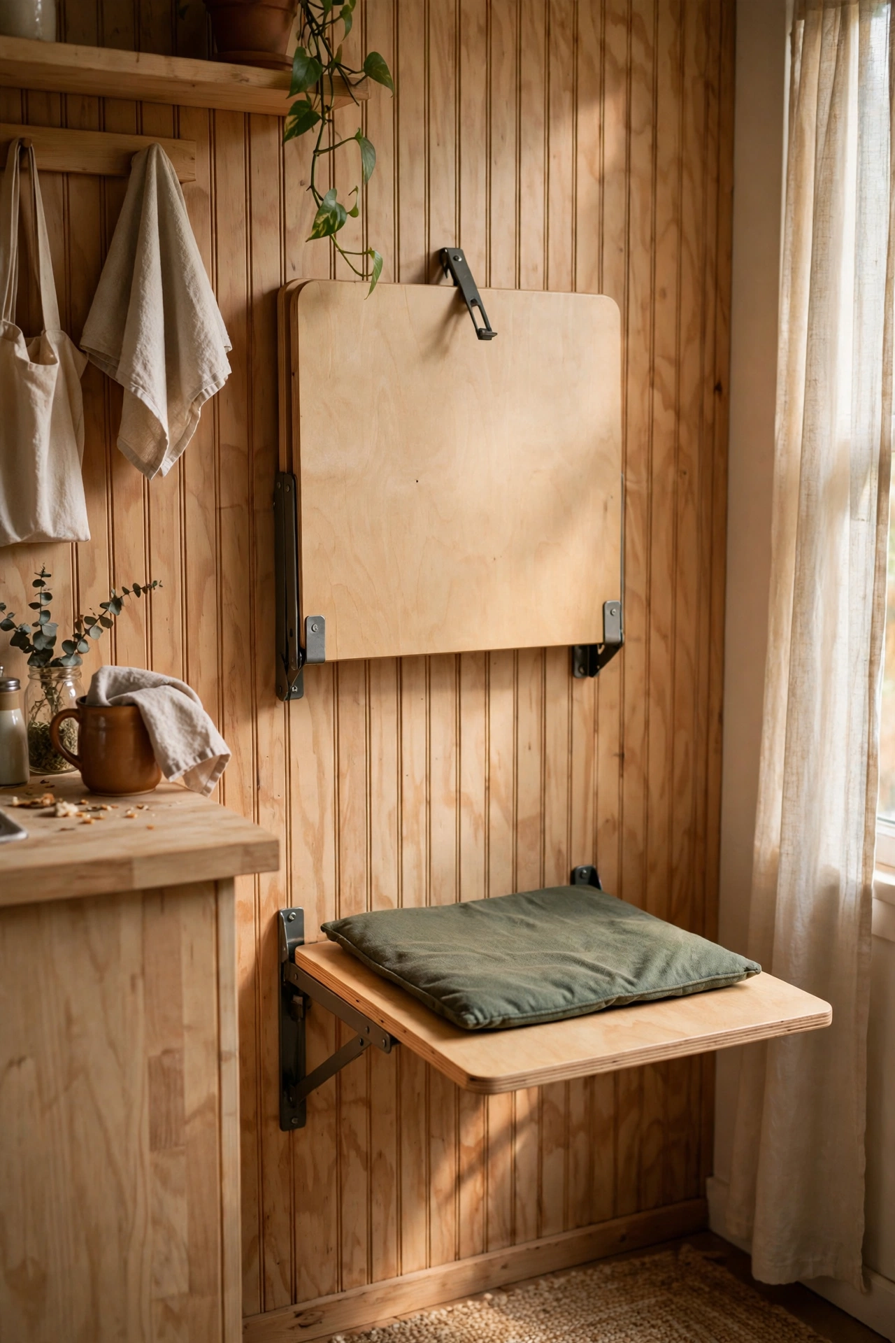 Wooden fold-down wall seats tucked against a kitchen nook wall
