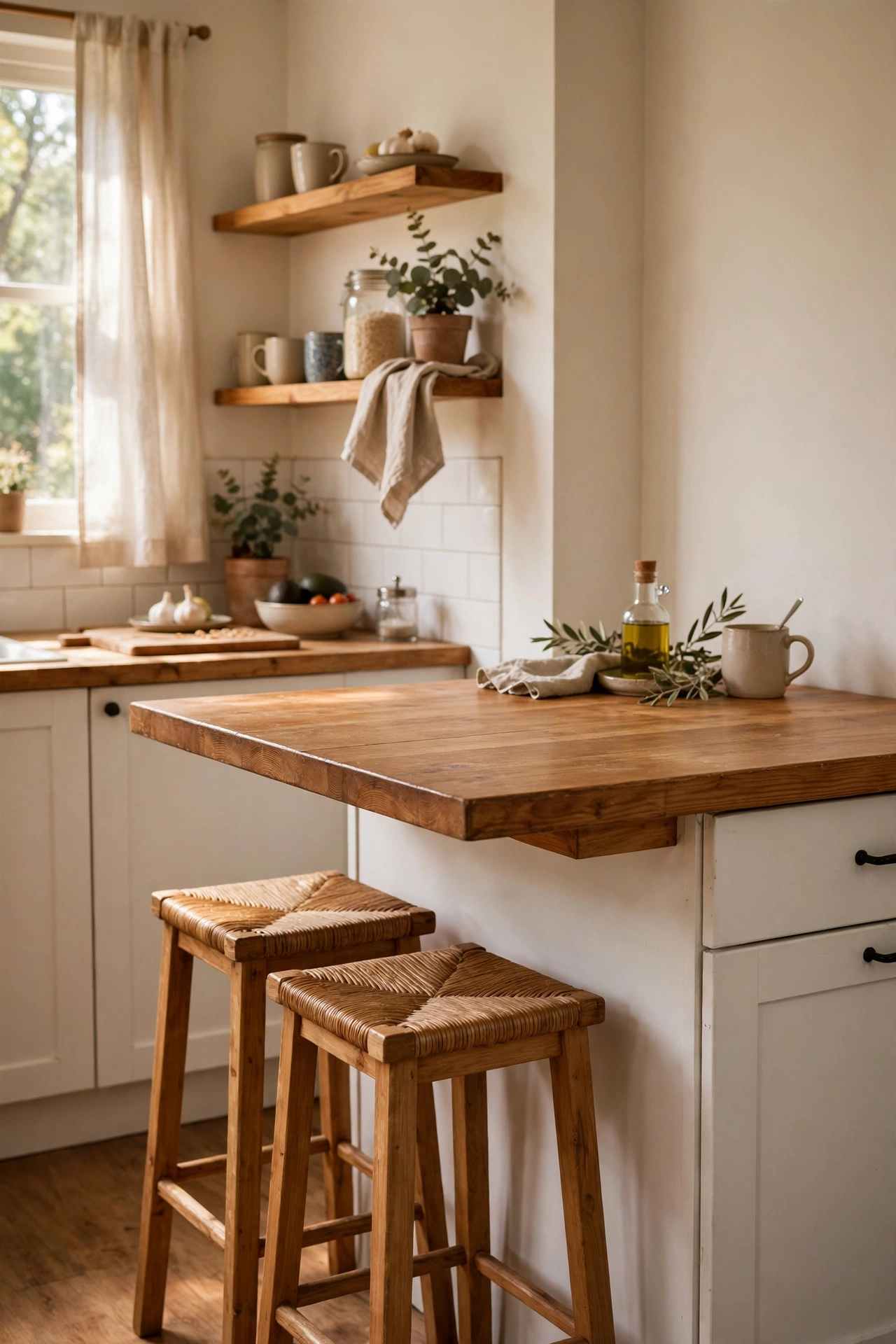 Kitchen island end with overhanging worktop and two stools as a breakfast bar