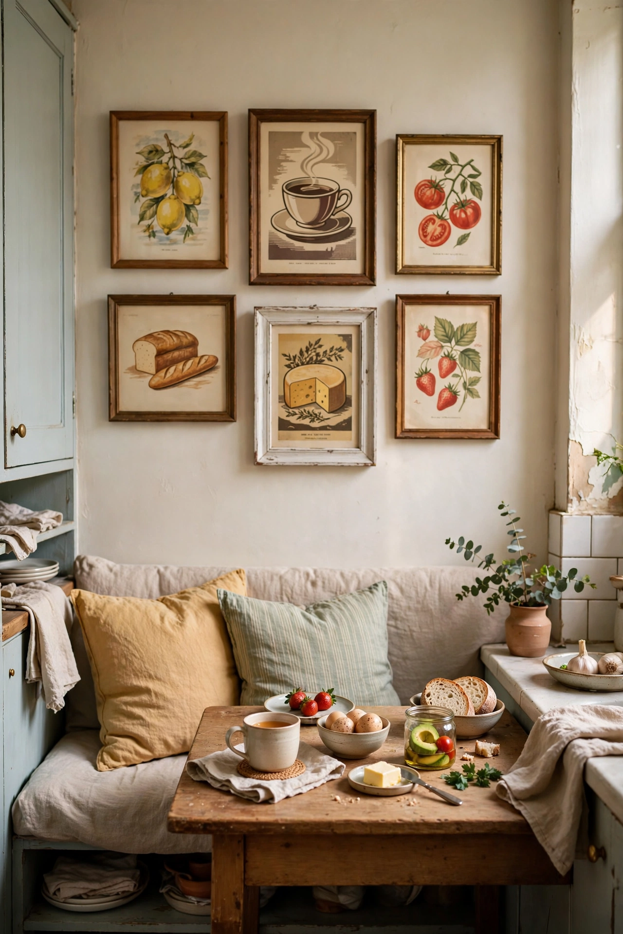 Small gallery wall of food prints and vintage adverts above a breakfast nook