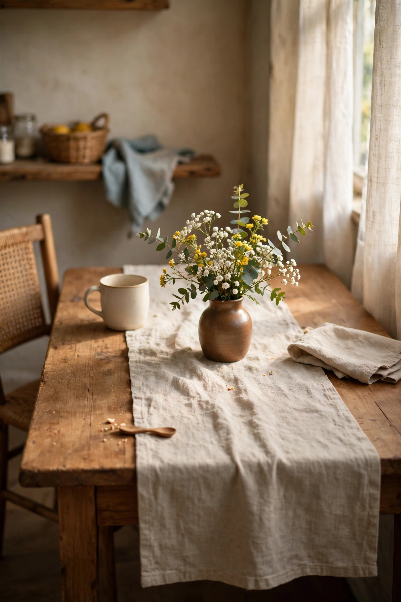Natural linen table runner on a wooden breakfast table with a small vase