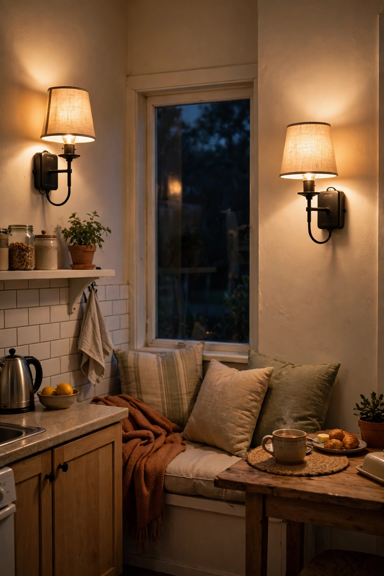 Battery-operated wall sconces glowing warmly beside a kitchen breakfast nook