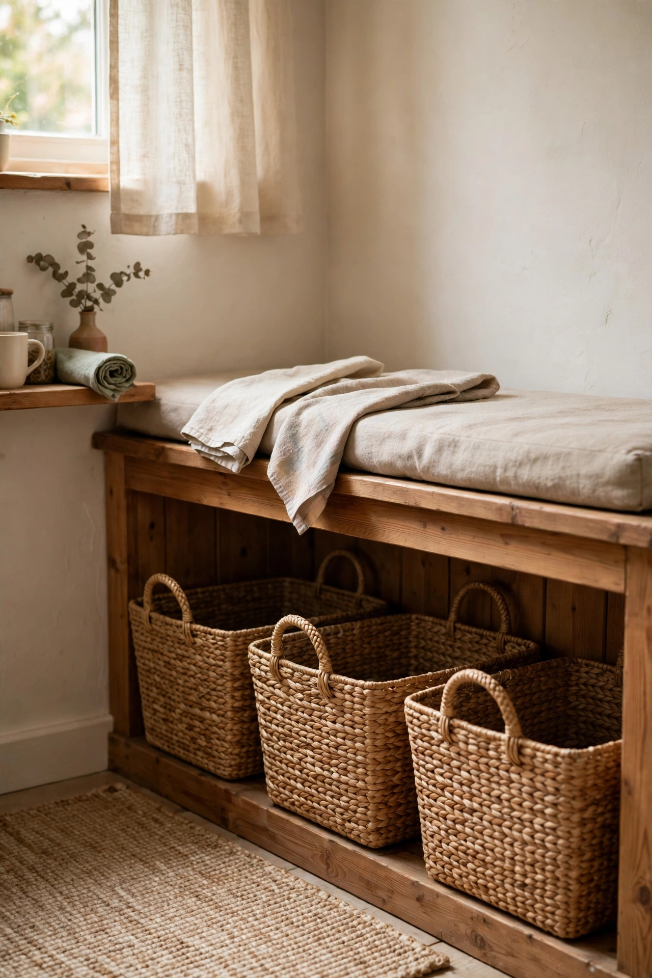 Seagrass baskets with handles slid under a kitchen bench seat