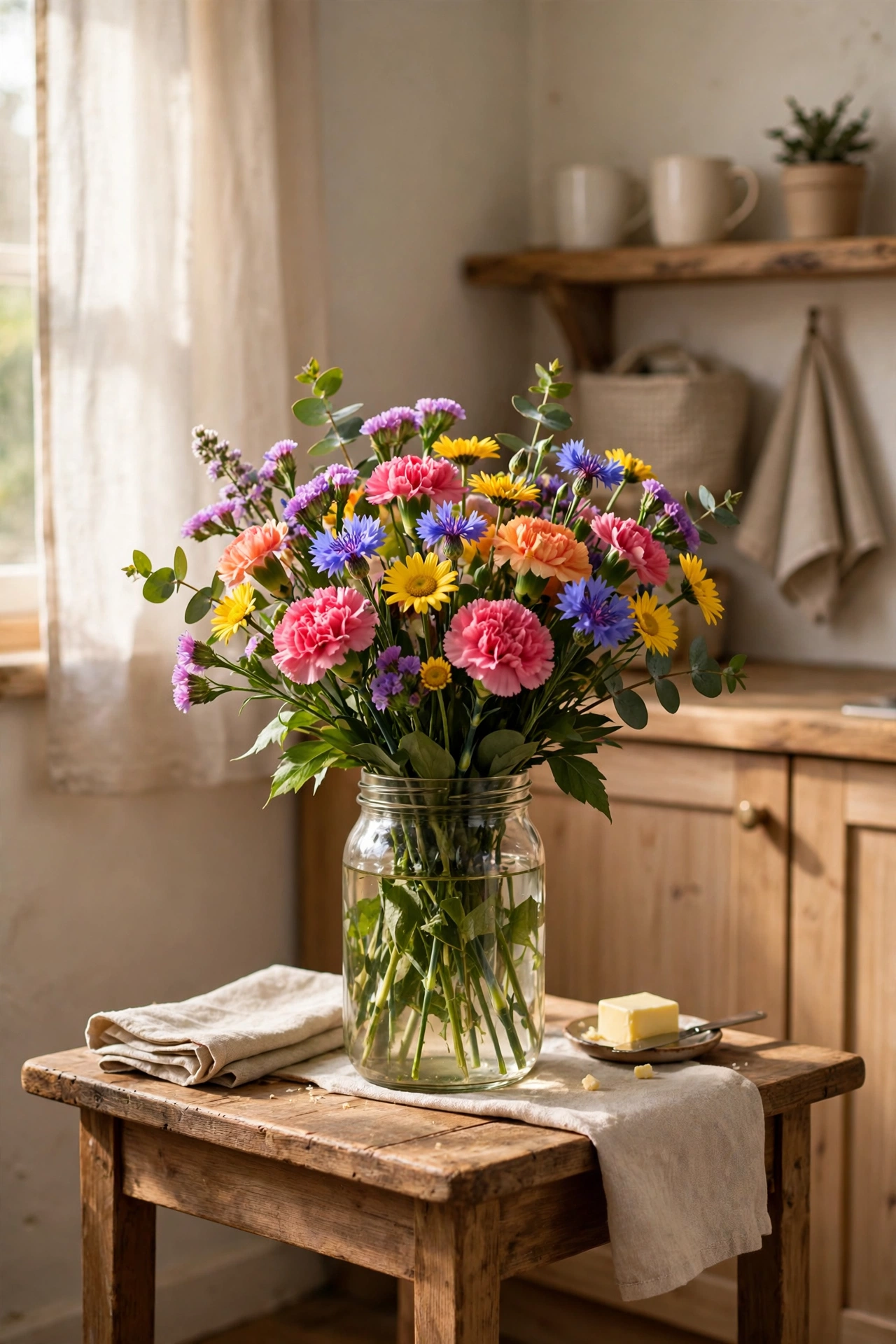 Jam jar of fresh supermarket flowers on a small breakfast table