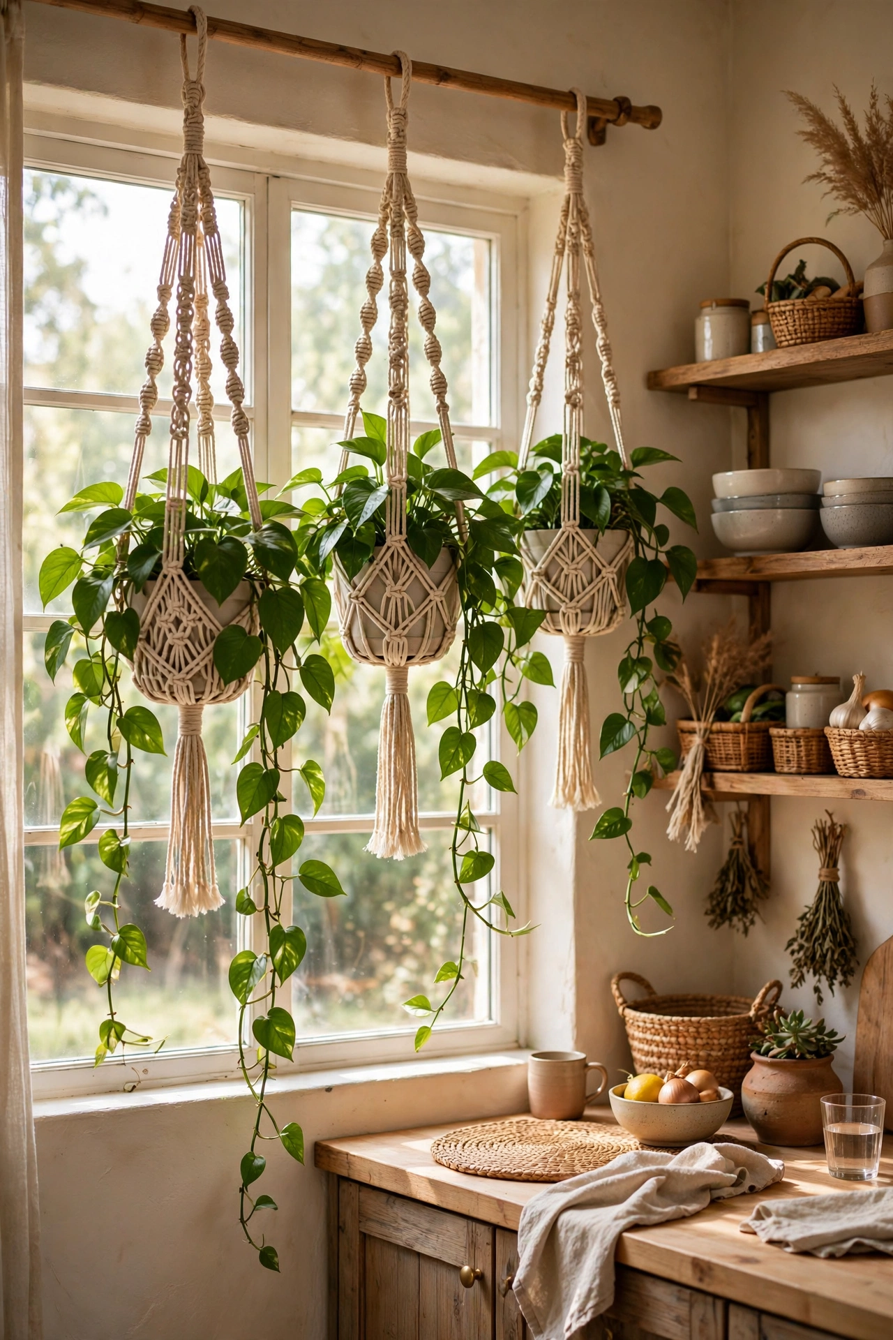 Macrame plant hangers with trailing pothos by a bright kitchen window