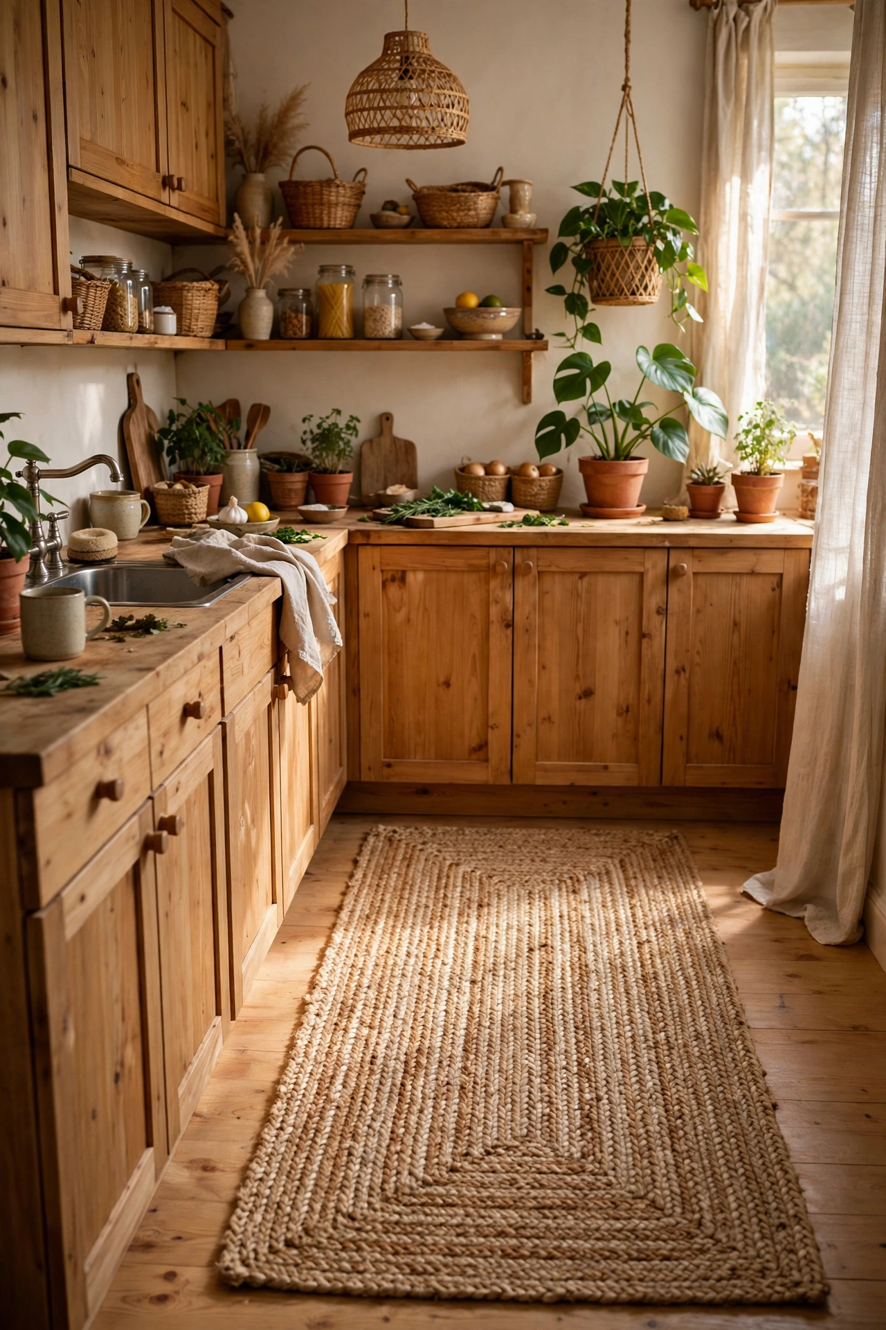 Natural woven jute runner rug in a boho style kitchen