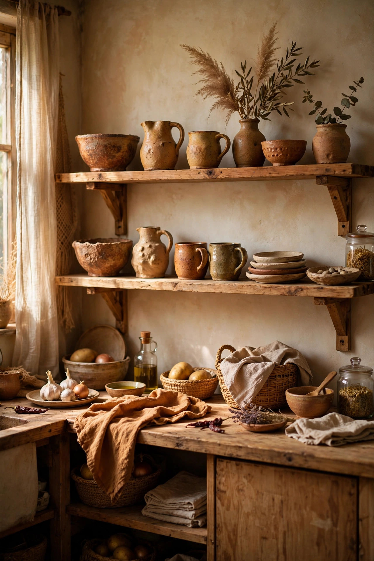 Open wooden shelves styled with mismatched colorful ceramics in a boho kitchen