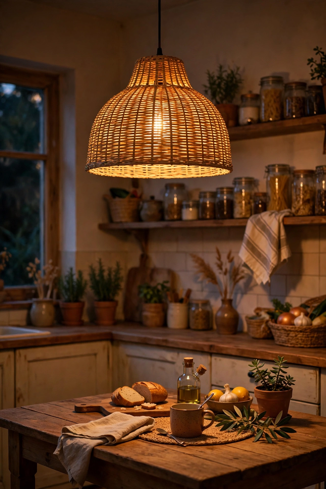 Woven rattan pendant light shade glowing over a boho kitchen table